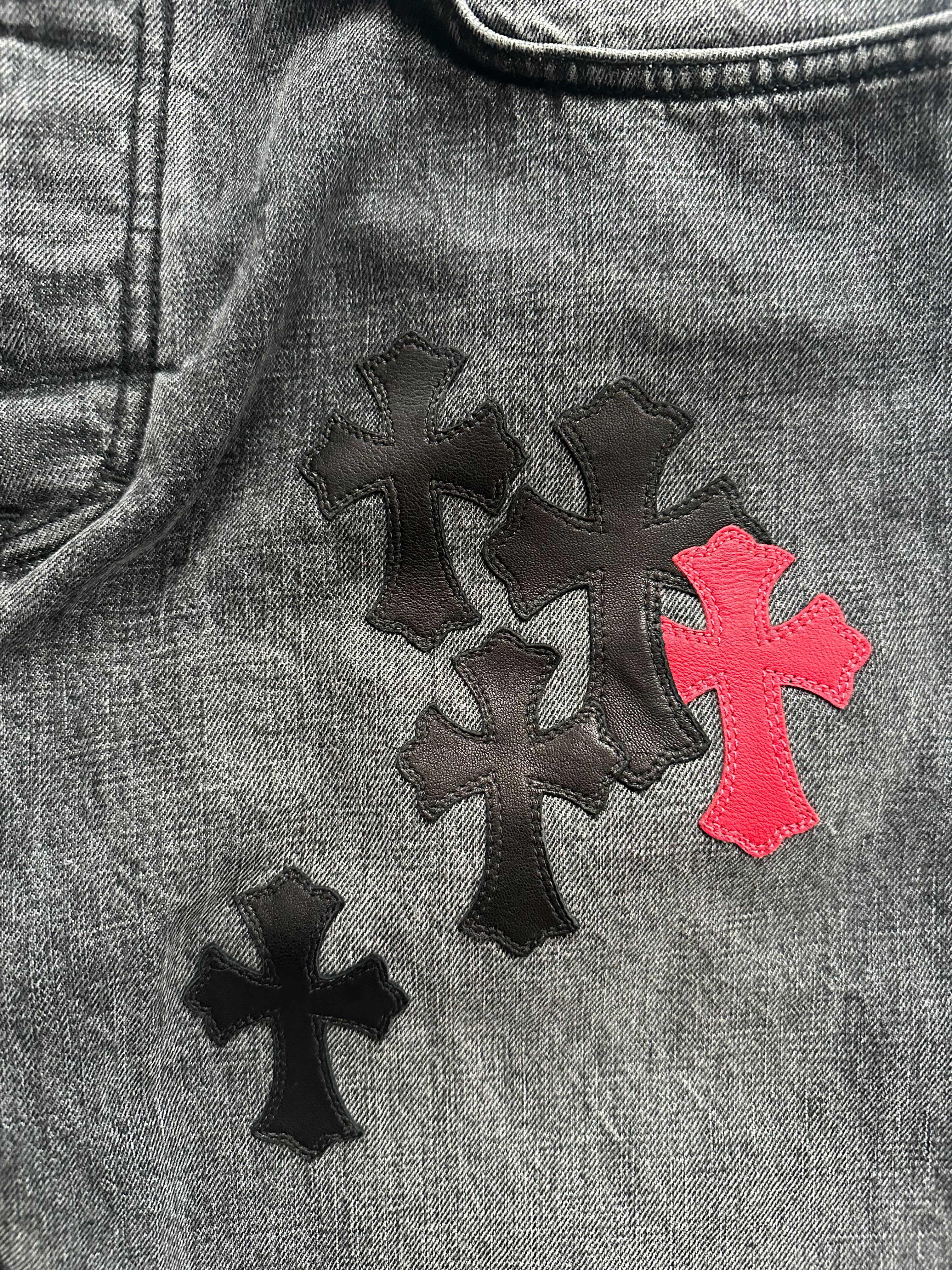 Chrome Hearts Grey Black & Red Cross Patch Jeans for Men & Women - Gothic Punk Fashion Denim Pants for Streetwear & Casual Outfits