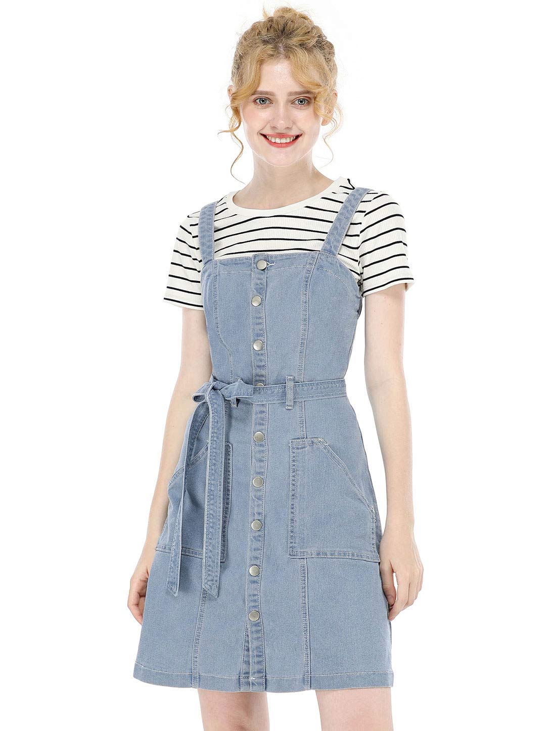 Allegra K Women's Classic Denim Pinafore Dress with Adjustable Straps - Casual Vintage Overalls for Spring, Summer & Fall Outfits