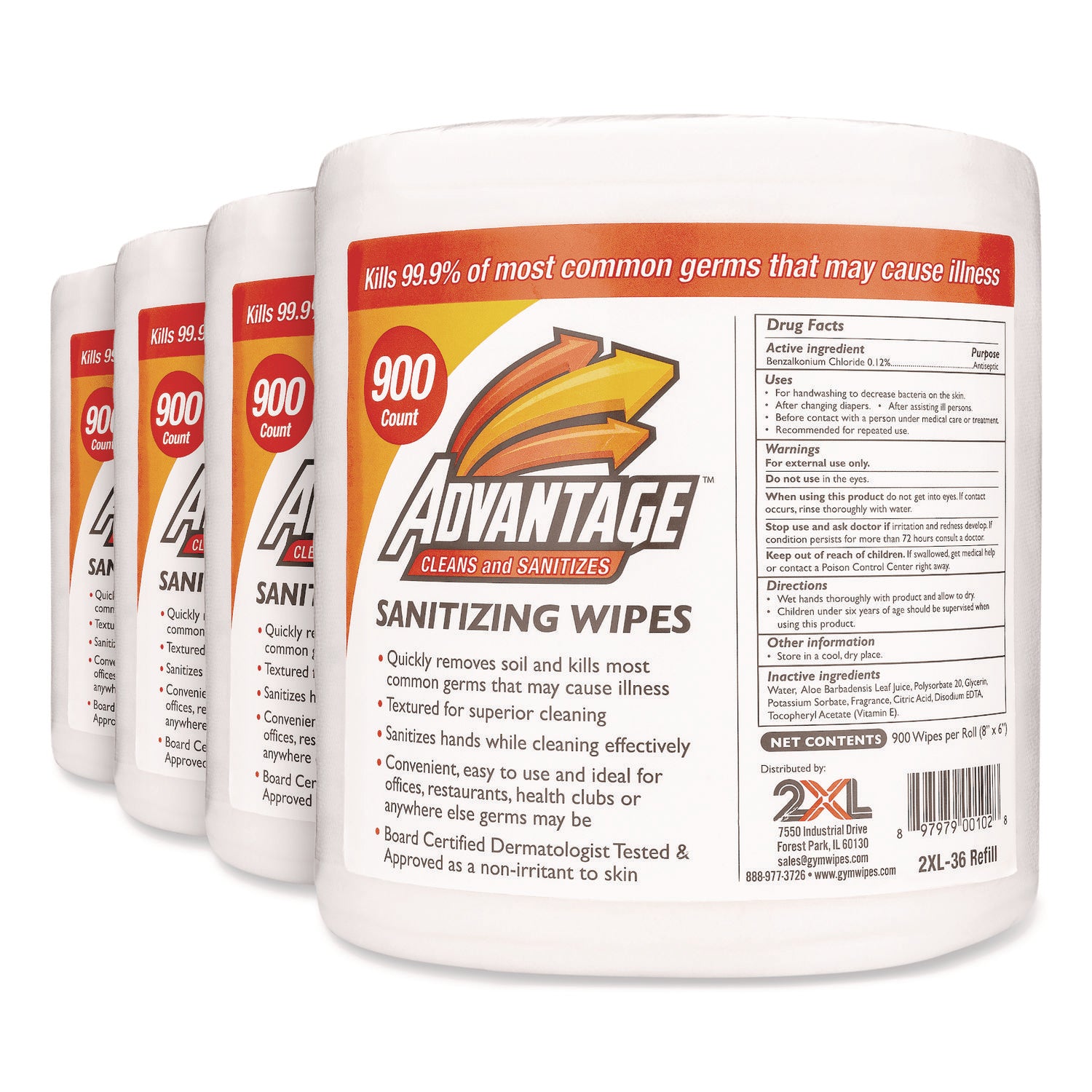 2XL Gym Wipes Advantage - Unscented White Disposable Cleaning Wipes (6x8 Inches, 1-Ply, 900/Roll, 4 Rolls/Carton) - Perfect for Gym Equipment, Yoga Mats & Fitness Studio Sanitizing