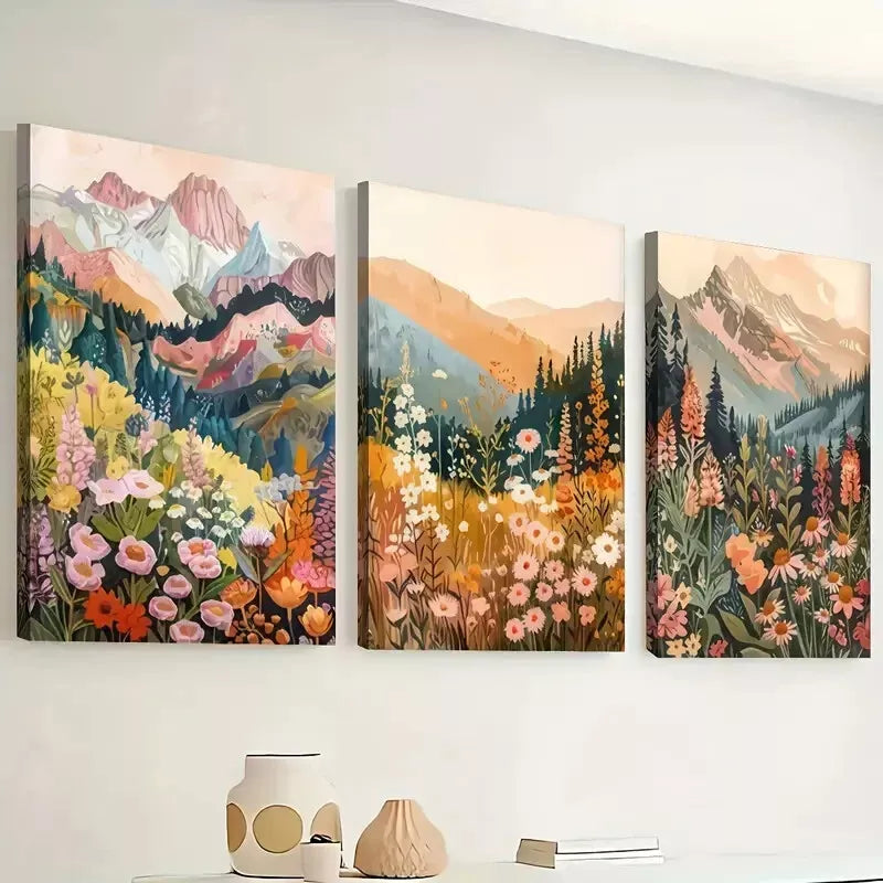 3-Piece Abstract Mountain and Flower Wall Art Set - Framed Canvas Prints 40x60cm (16x24 inches) | High Quality Australian Made Ready-to-Hang Decor for Living Room, Bedroom & Office