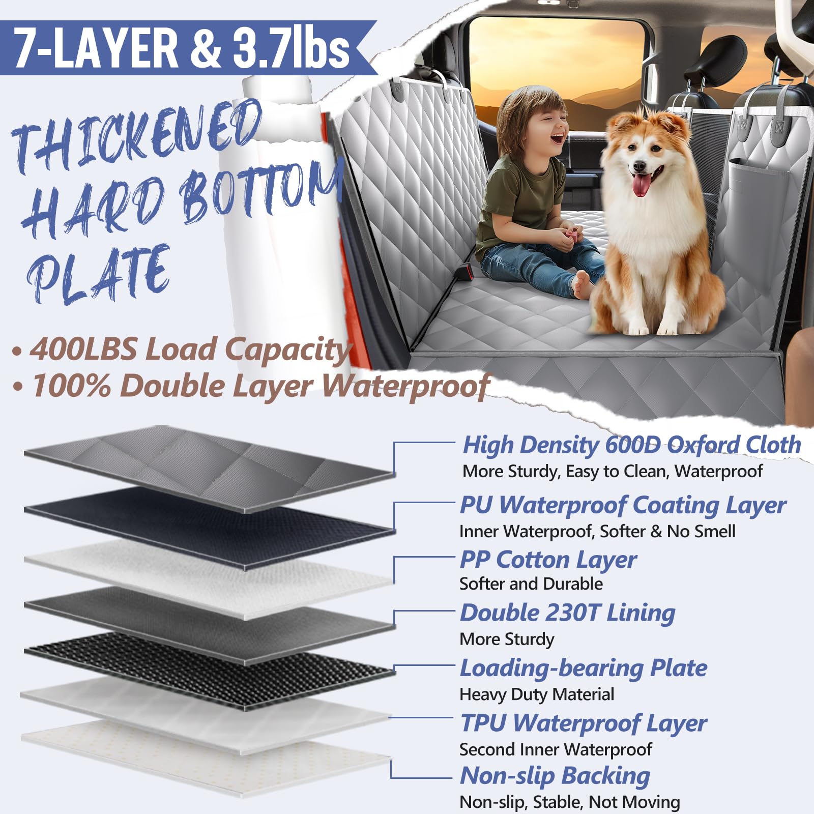 **Large Back Seat Extender for Dogs - Heavy Duty 400lb Capacity Pet Car Seat Cover with Hard Bottom, Waterproof Truck Backseat Hammock - Perfect for Travel, Road Trips & SUV Adventures**