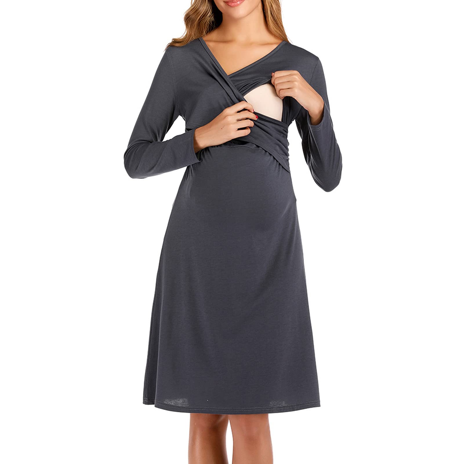 Elegant Maternity Nursing Dress Long Sleeve V-Neck Ruched Pregnant Midi Dress - Comfortable & Stylish for Pregnancy, Nursing, Evening Parties & Special Occasions