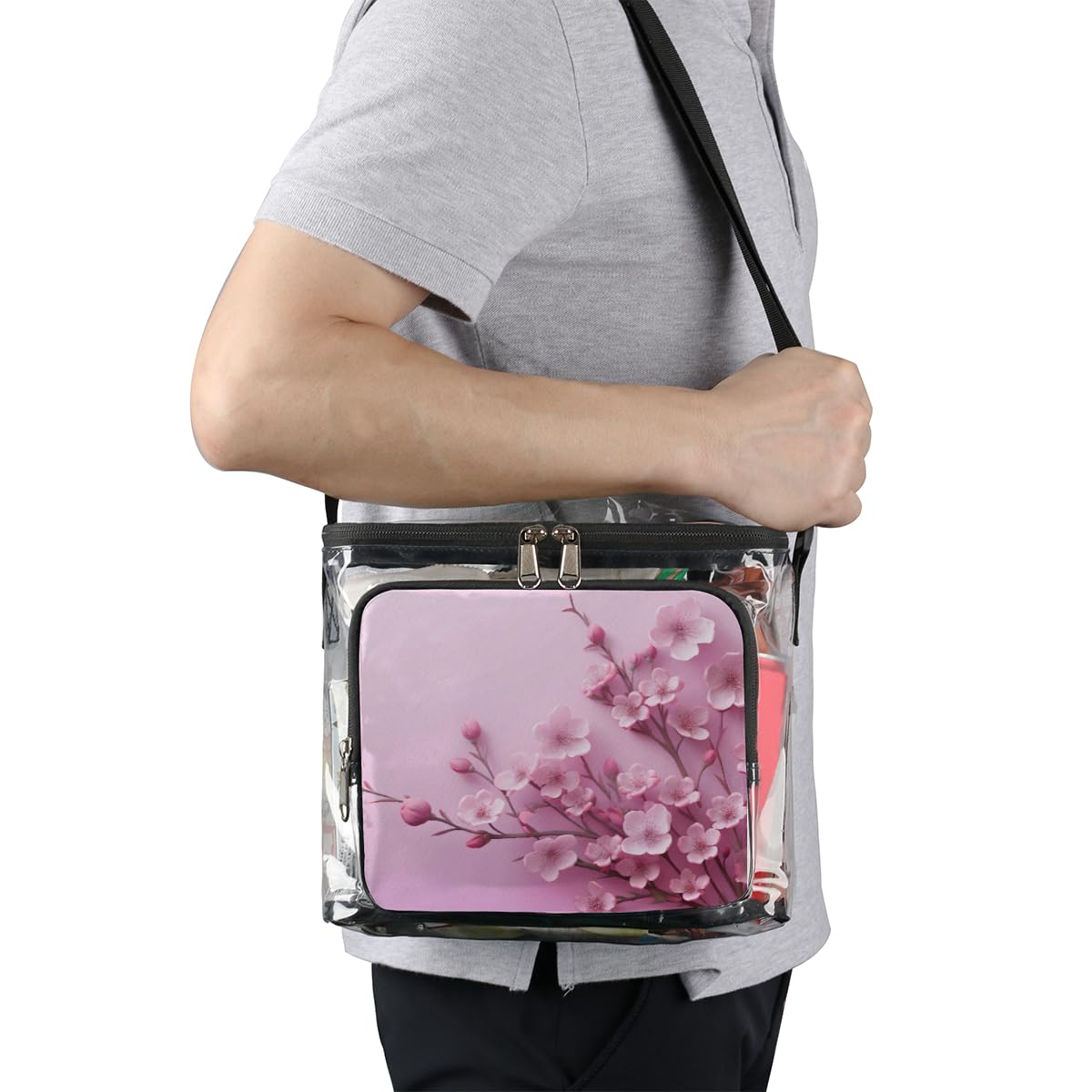 GzLeyigou Clear Transparent Tote Bag with Peach Blossom Floral Design - Crossbody Shoulder Bag for Women, Lunch Bag for Outdoor, Travel, Picnic, Concerts & Sports Events (Stadium Approved) - Perfect for Beach, Shopping, Music Festivals & Daily Use