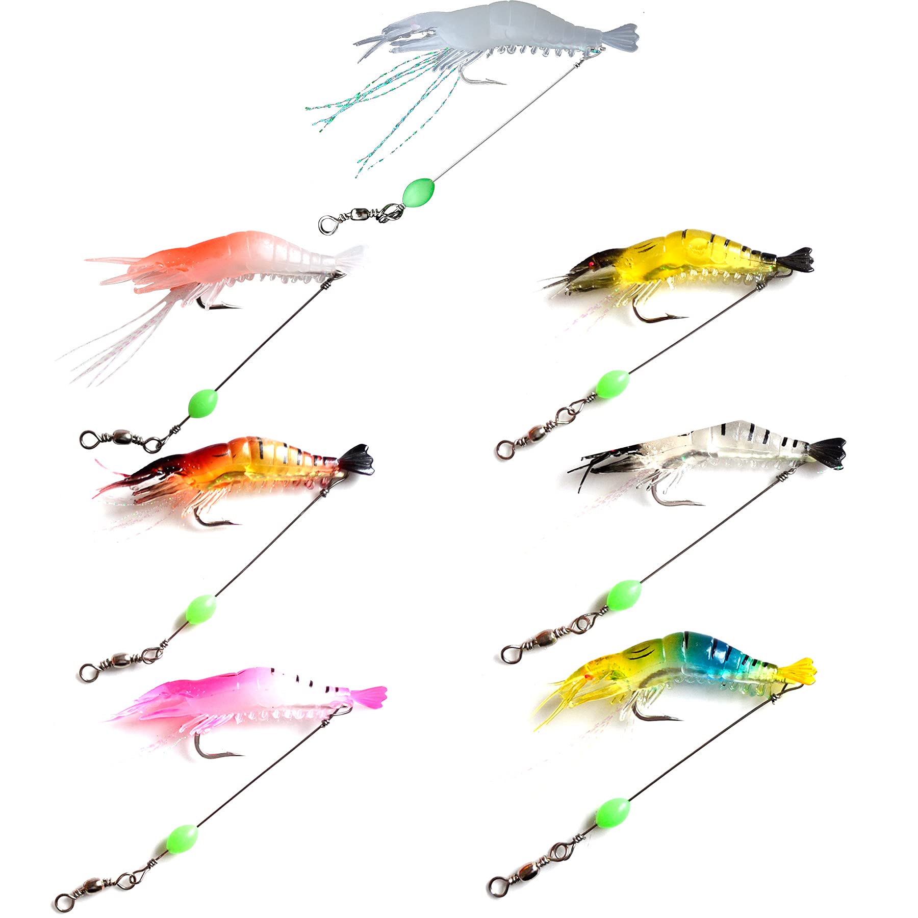 Glow Soft Shrimp Fishing Lures with Hooks & Swivels - 7 Color Bionic Shrimp Bait for Freshwater & Saltwater (Trout, Bass, Salmon) - Perfect for Night Fishing and Deep Sea Angling