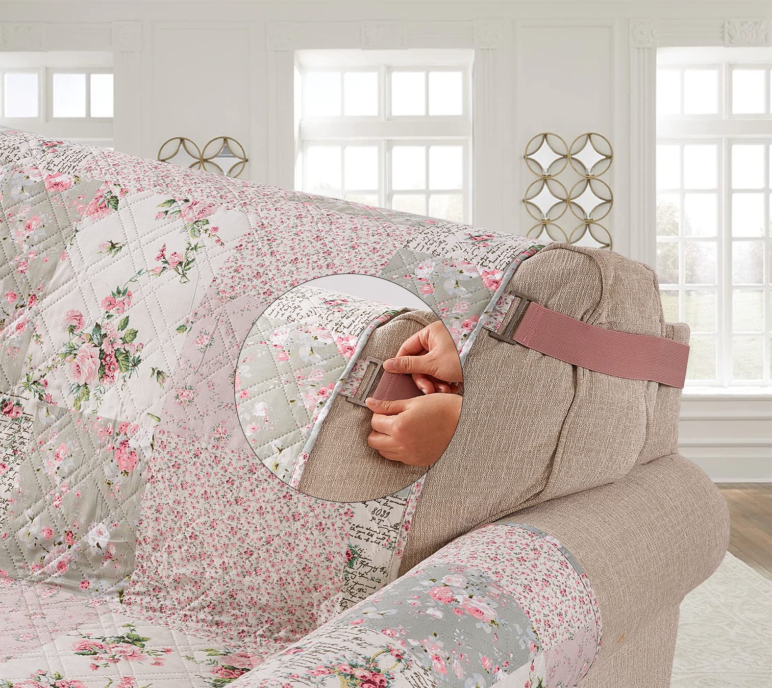 Traditional Rose and Sage Patchwork Couch Cover - Quilted Loveseat Slipcover 54