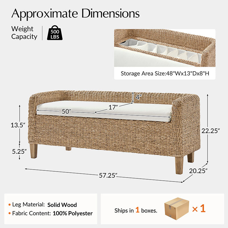 Natural Rattan Storage Bench with Removable Cream Cushion - Modern Woven Seat with Hidden Compartment for Entryway, Bedroom or Patio Decor