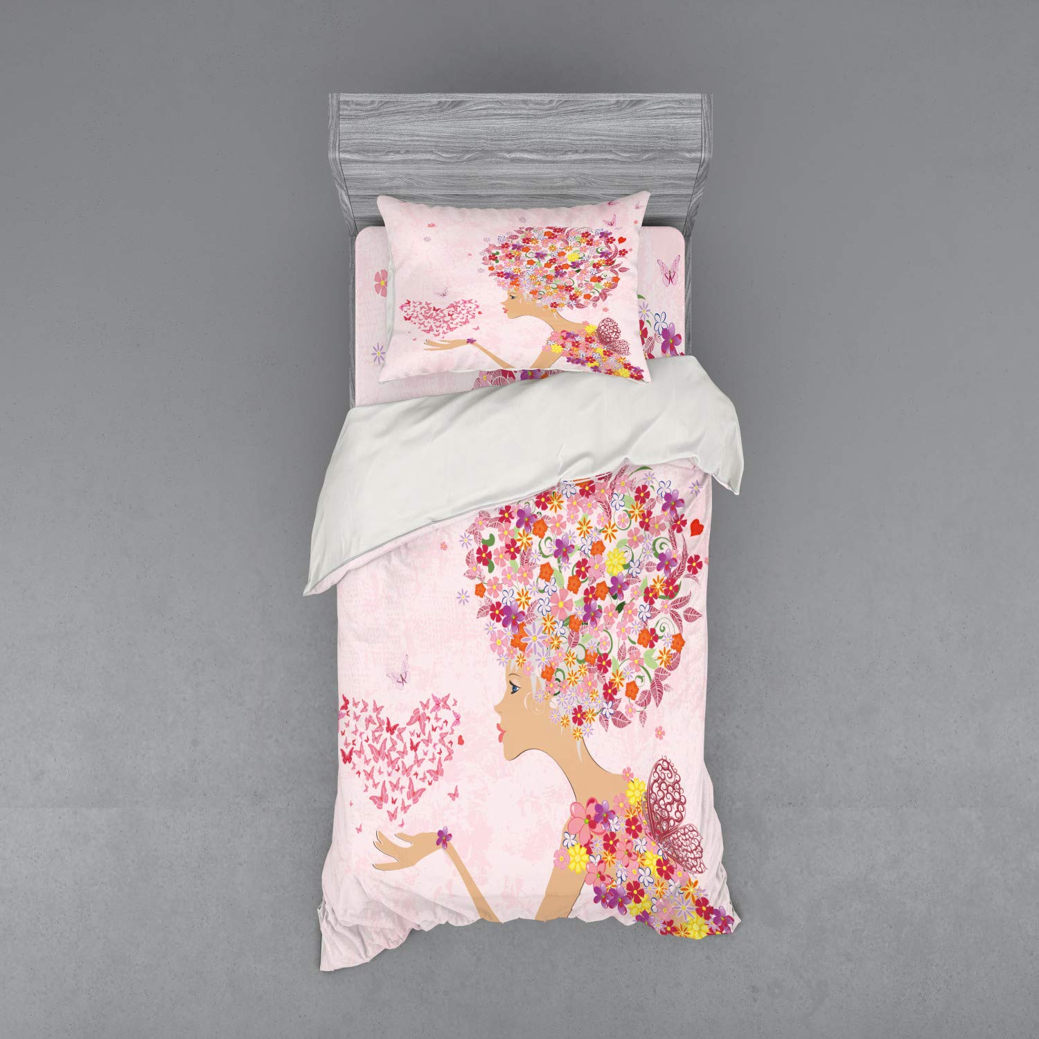 Ambesonne Pink Floral Duvet Cover Set - 3 Piece Twin XL Bedding with Sham & Fitted Sheet, Hand-Painted Butterfly Heart Design for Girls Room Decor | Perfect for Spring Bedroom Makeover & Teen Girls' Dreamy Retreat