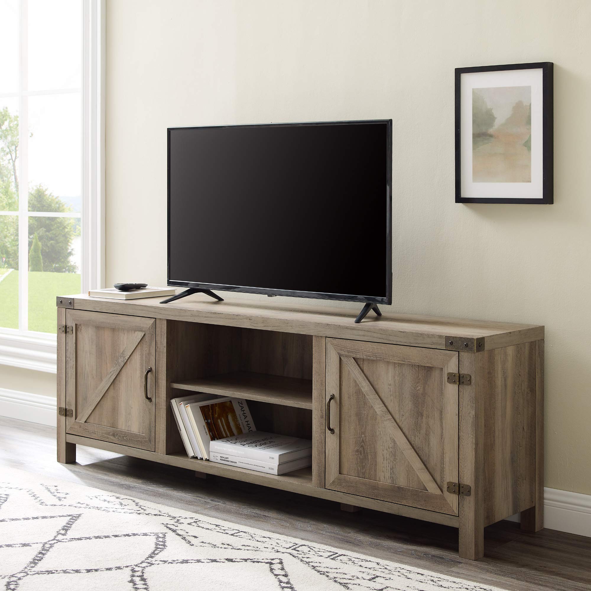 Walker Edison Georgetown Modern Farmhouse Double Barn Door TV Stand for 70-80 Inch TVs, Grey Wash - Perfect for Living Room, Home Theater & Farmhouse Style Decor