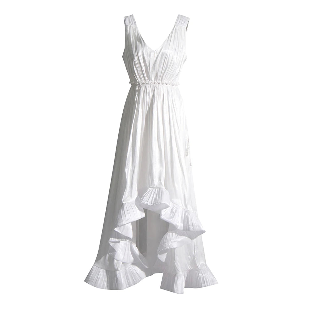 Women's Backless Sleeveless Deep V-Neck High Waist Ruffled Hem Draped Dress - Solid Color Summer Dress 2023 | Perfect for Beach Parties, Date Nights & Cocktail Events