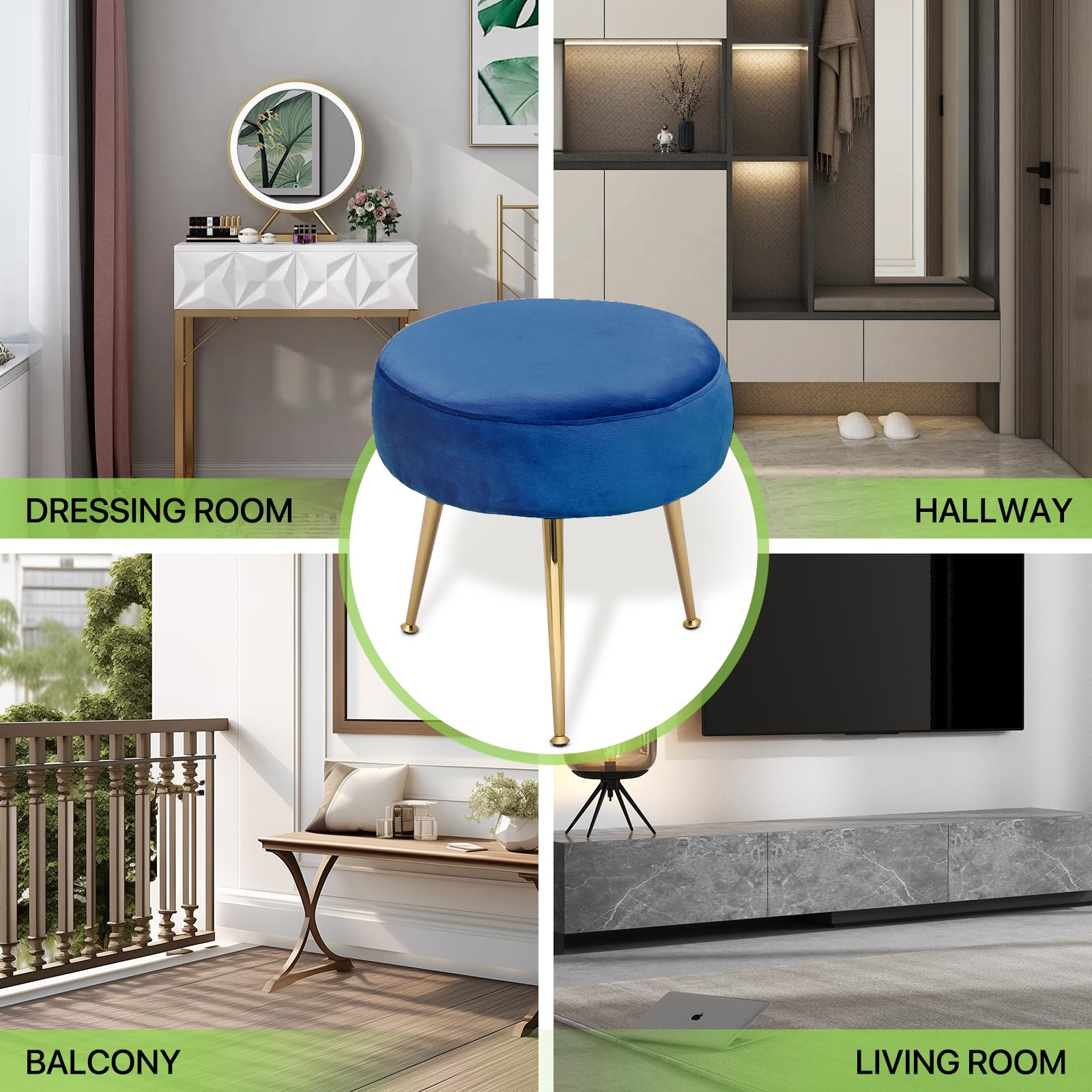 Magshion Velvet Vanity Stool - Round Ottoman Makeup Chair with Sturdy Metal Legs, Small Footstool for Dressing Table, Bedroom, Living Room | Perfect for Makeup Vanity, Reading Nook & Cozy Home Decor (Blue)