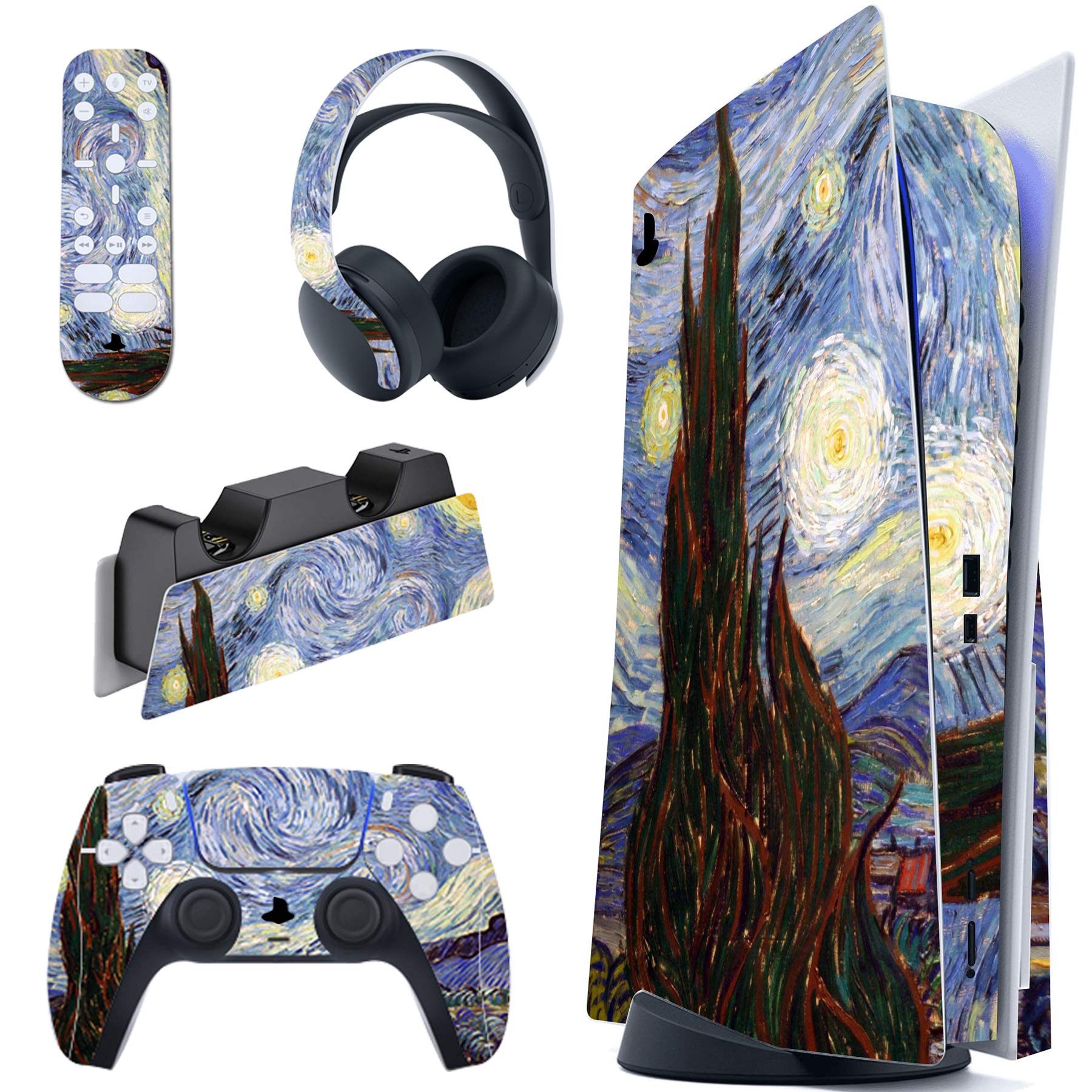 PlayVital The Starry Night Full Skin Decal Set for PS5 Console Disc Edition - Vinyl Sticker Cover for PS5 Controller, Charging Station, Headset & Media Remote - Perfect for Gaming Setup & Home Decor