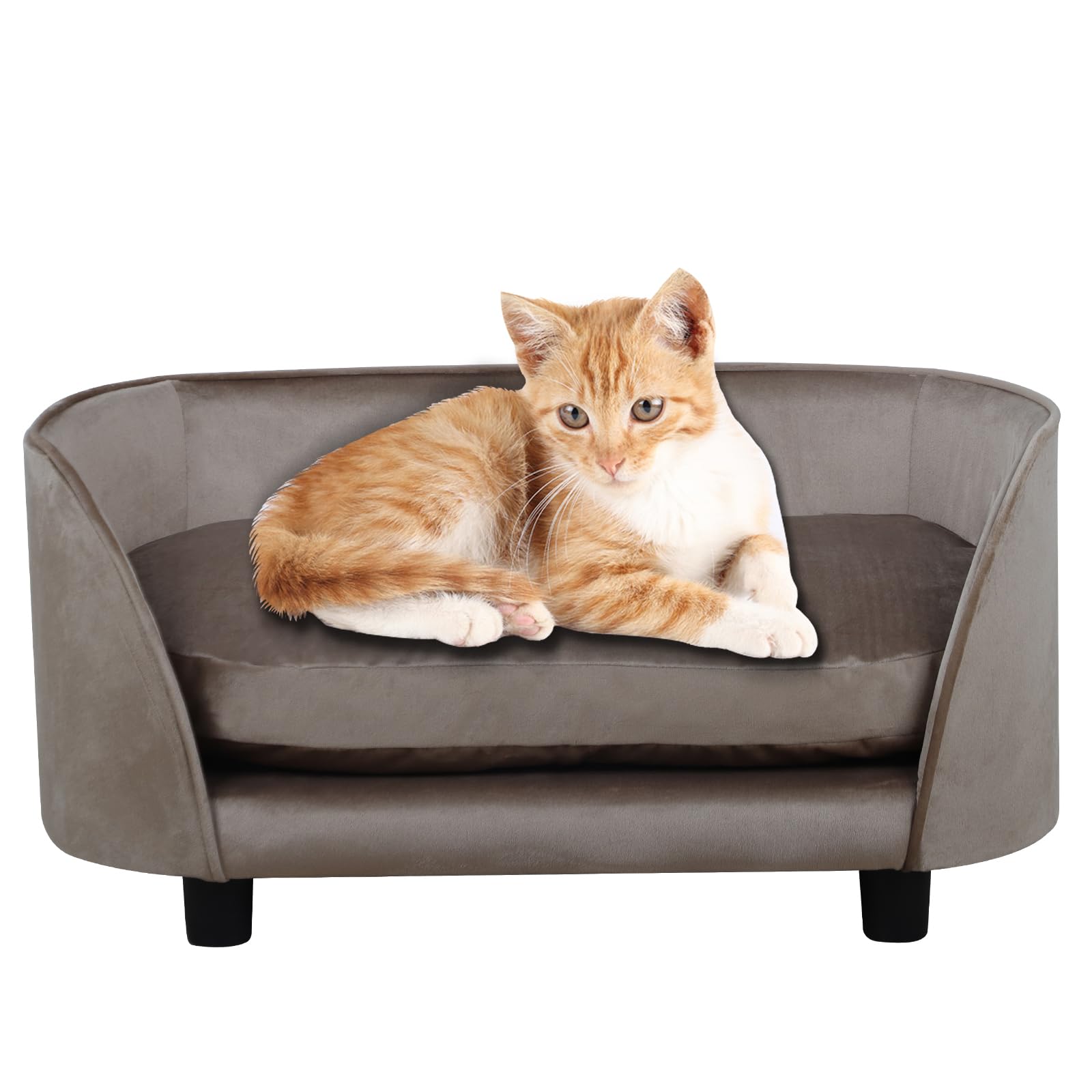 Premium Wooden Frame Velvet Pet Sofa Bed - Washable Cushion Comfy Cat & Small Dog Couch for Puppies - Cozy Pet Furniture for Living Room, Bedroom & Home Decor (Brown)
