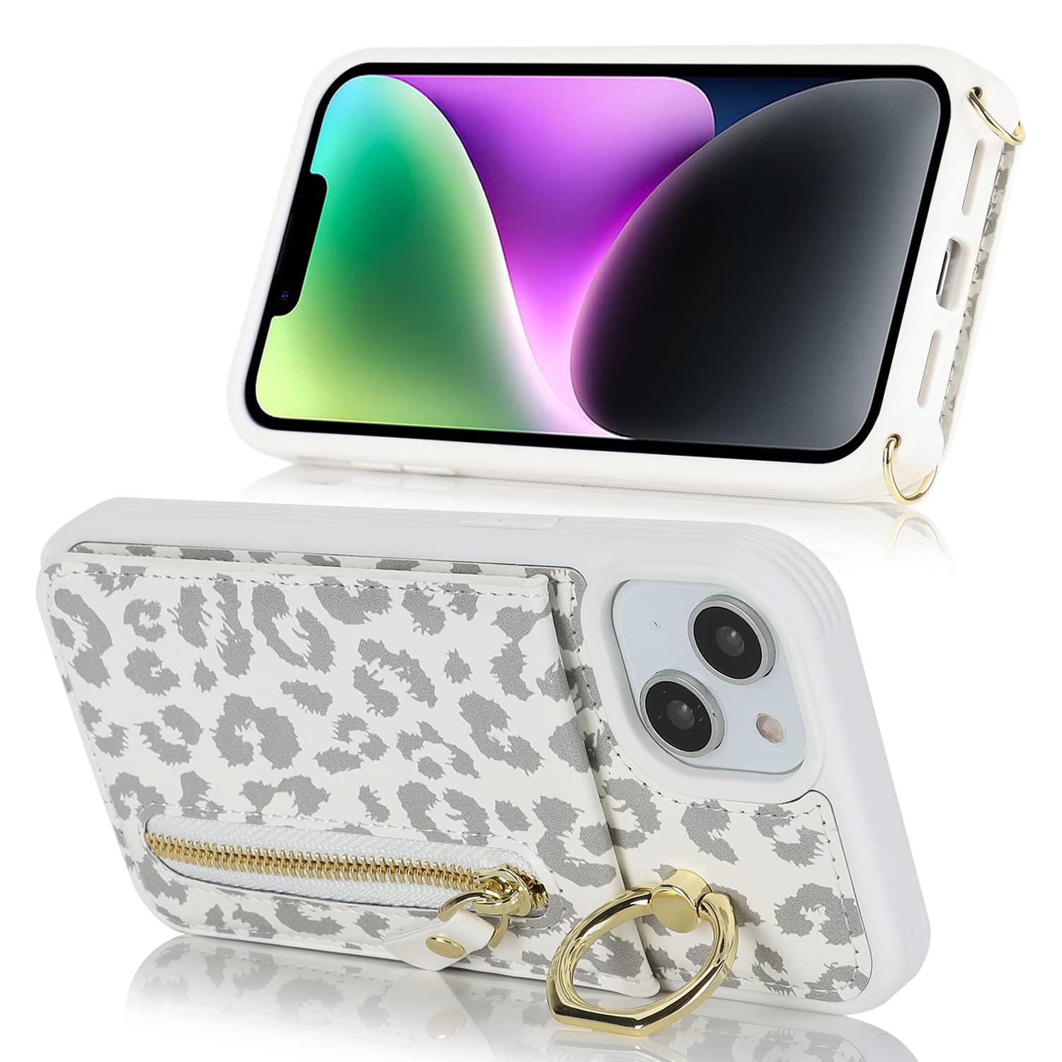 iPhone 13 Phone Case with Card Holder & Strap - Women's Crossbody Bag with Ring Stand & Zipper Wallet - White Leopard Print - Perfect for Travel, Shopping & Everyday Use