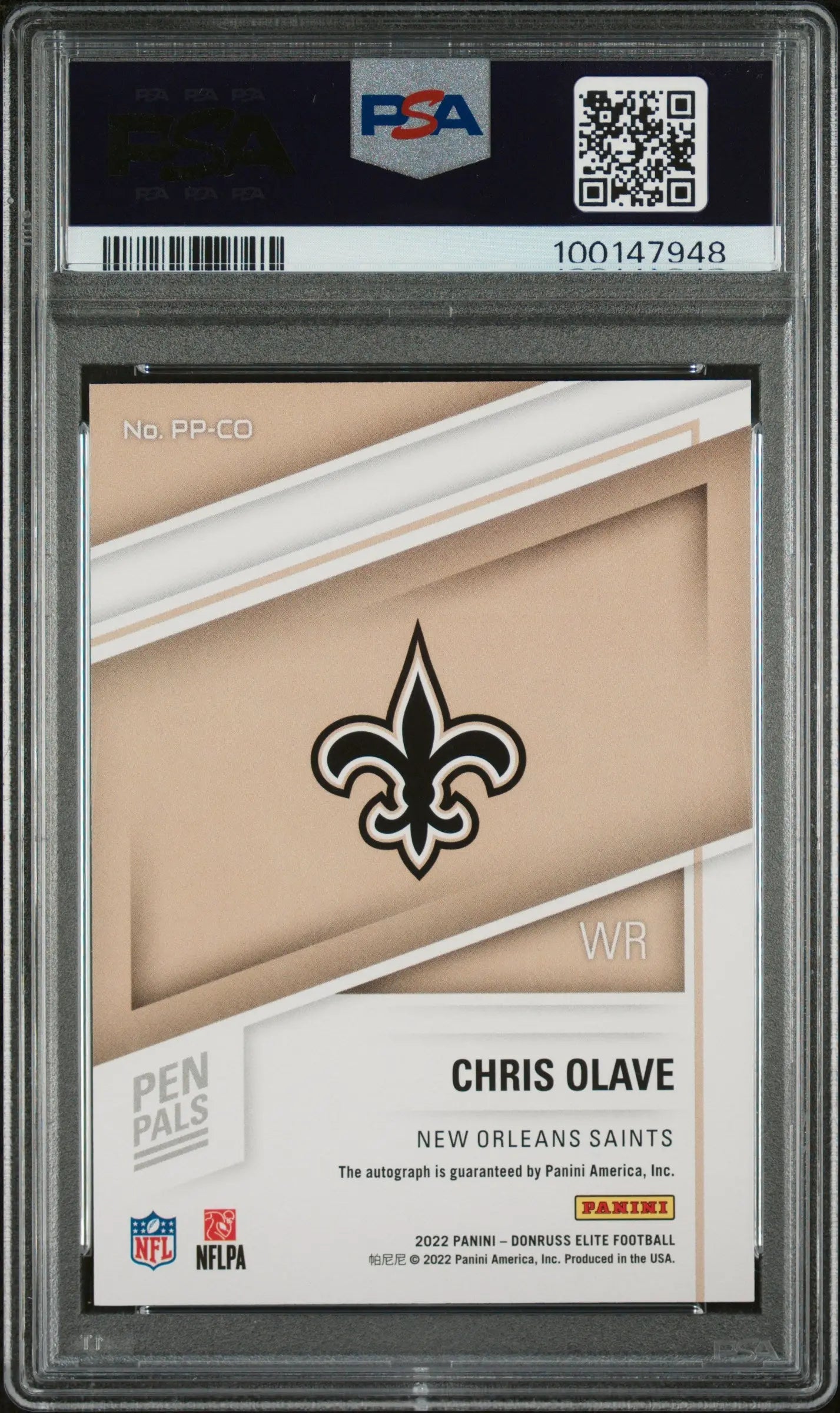 2022 Panini Donruss Elite Pen Pals Autographs Blue Ink Chris Olave PSA 10 - Rare Football Trading Card for Collectors & Investors - Perfect for Sports Memorabilia Displays & Investment Portfolios