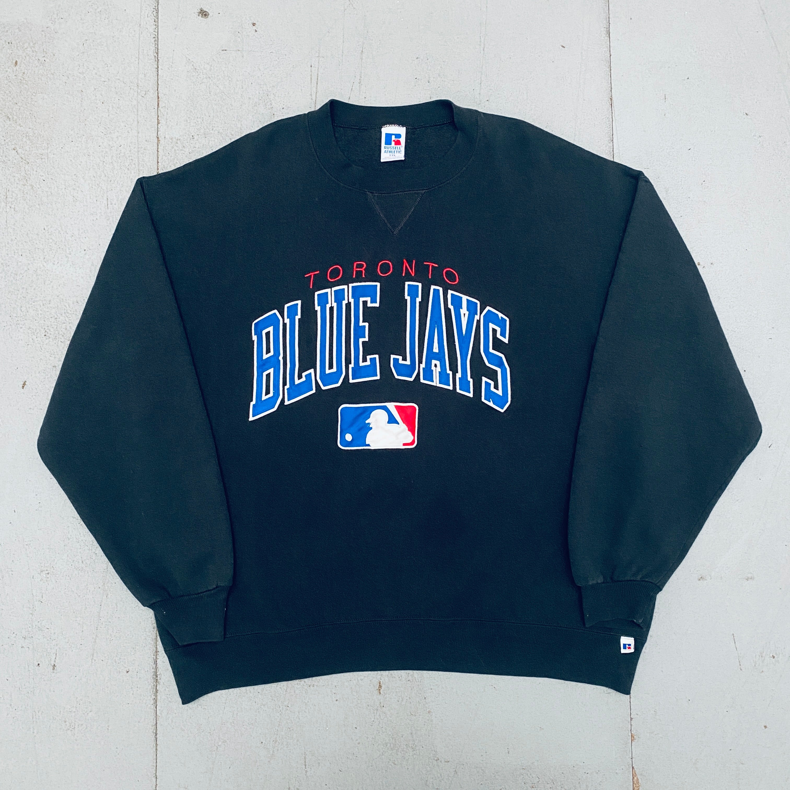 Vintage 1990s Toronto Blue Jays Russell Athletic Stitched Spellout Sweatshirt - XL Size | Authentic MLB Baseball Fan Apparel for Men, Retro Sports Fashion & Casual Wear