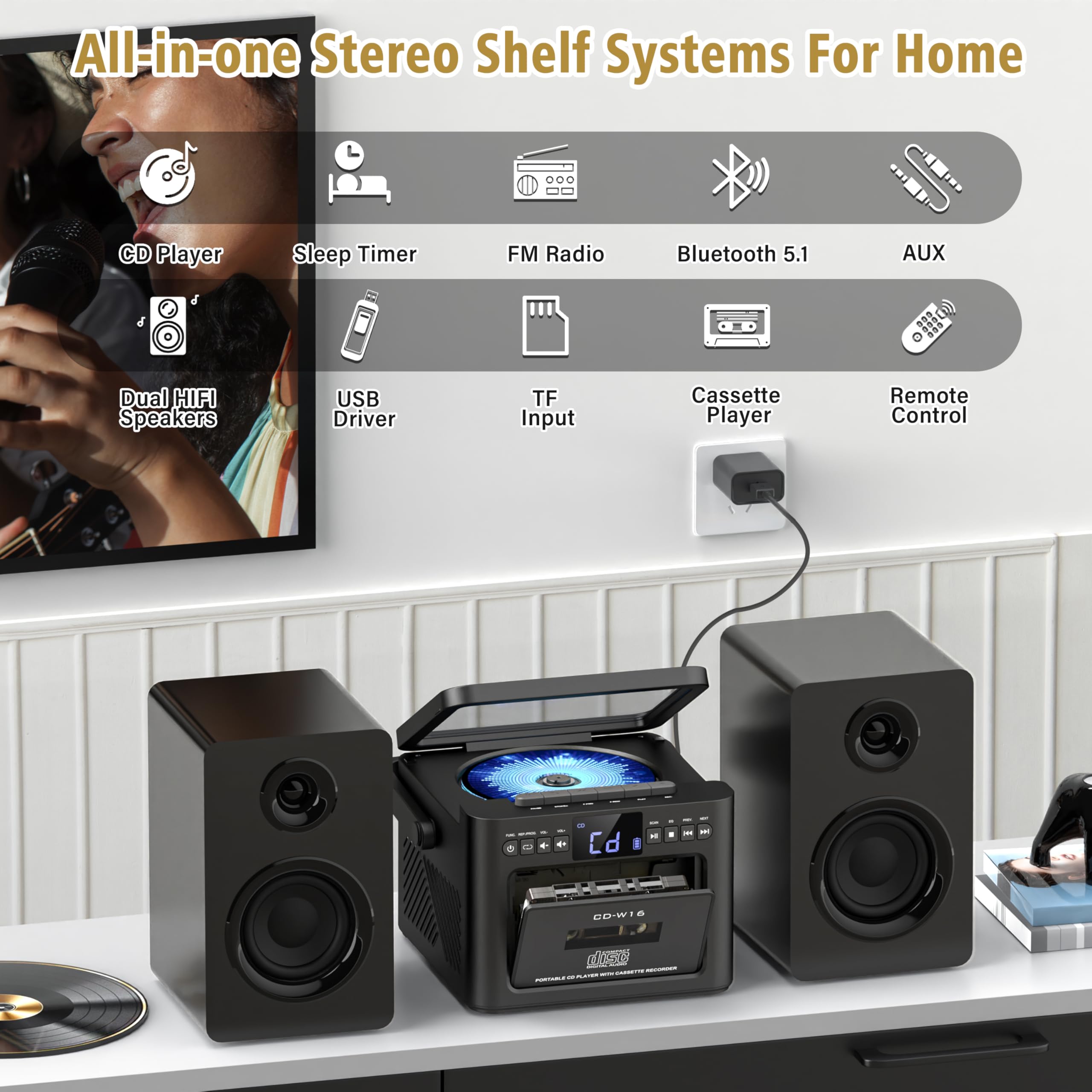 Bluetooth 5.1 Bookshelf Stereo System with Cassette & CD Player - 40W Powerful Speakers, FM Radio, Tape Recording, LCD Display, USB/AUX, Remote Control - Perfect for Home, Office & Retro Music Lovers