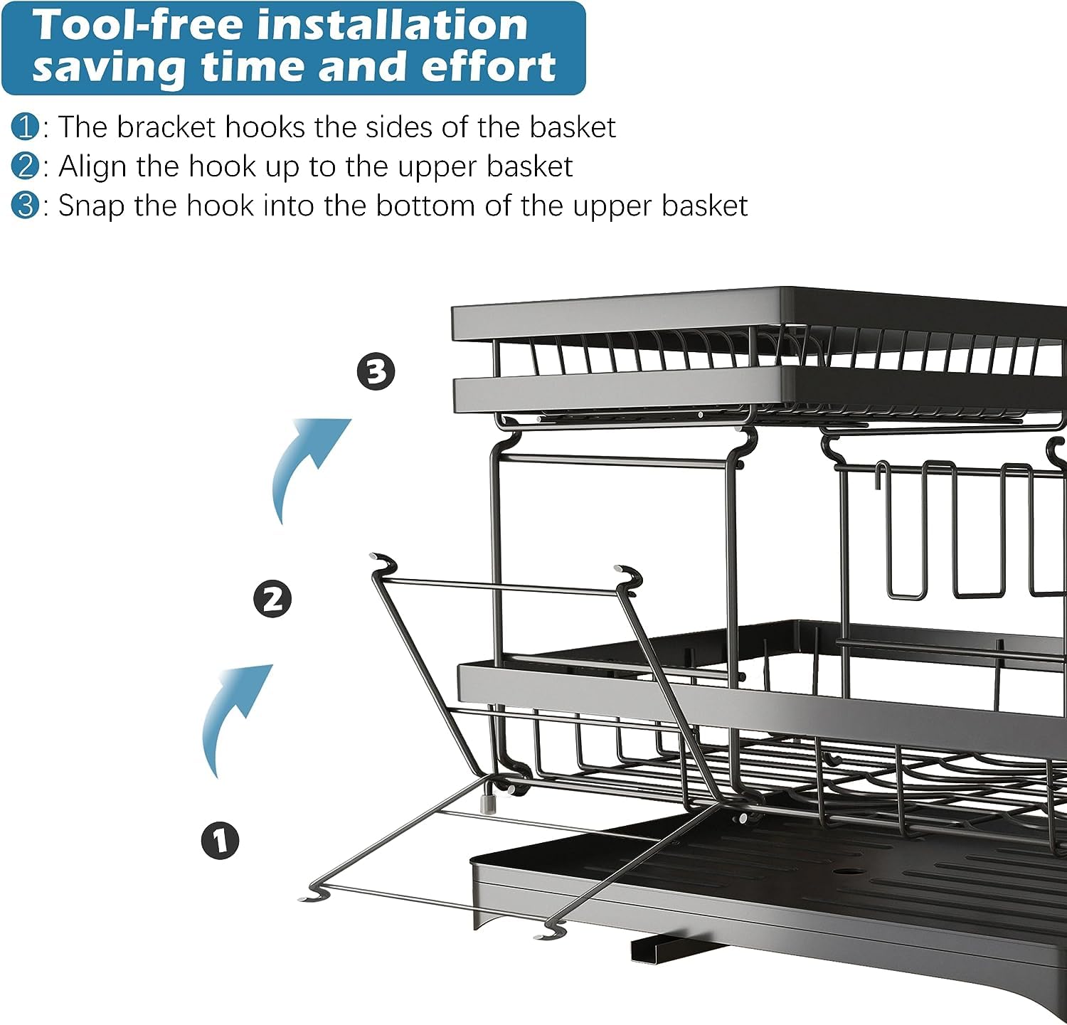 Premium 2-Tier Carbon Steel Dish Drying Rack with Drainboard | Detachable Dish Drainer & Organizer Shelf | Space Saving Kitchen Storage for Dishes, Utensils, Knives, Spoons & Forks | Ideal for Small Kitchens, Apartments & Countertop Organization