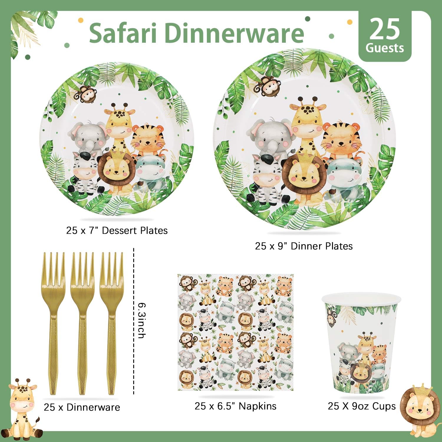 Heboland 125-Piece Safari Jungle Theme Party Supplies Set - Paper Plates, Cups & Napkins for 25 Guests | Baby Shower, Kids Birthday & Jungle Themed Events | Durable Disposable Tableware for Outdoor Parties & Family Gatherings