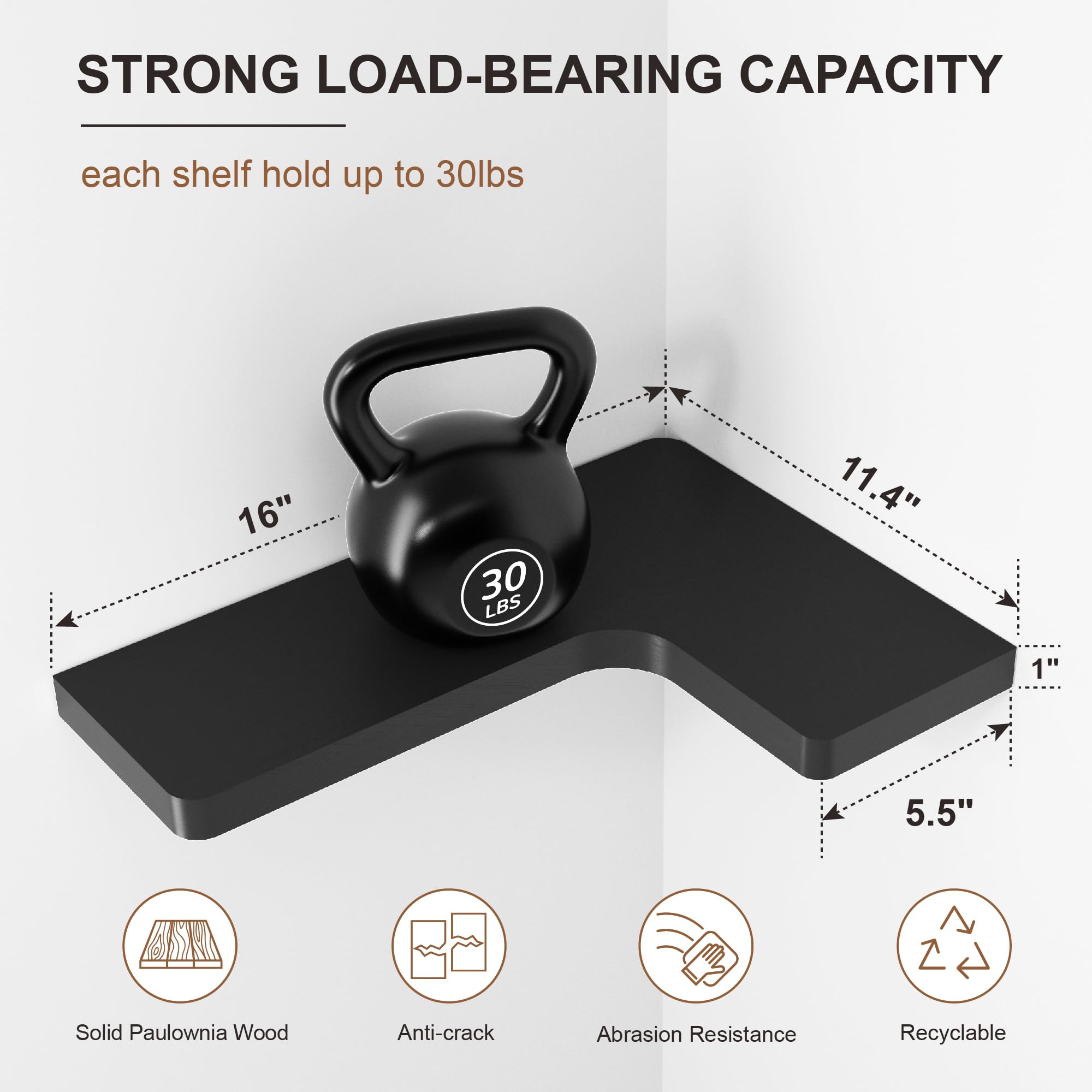 Fuqing Corner Floating Shelves Set of 3 - Solid Wood Wall Mounted Display Shelves for Bathroom, Bedroom, Kitchen & Garage - Black - Perfect for Organizing Toiletries, Decor, Spices & Tools