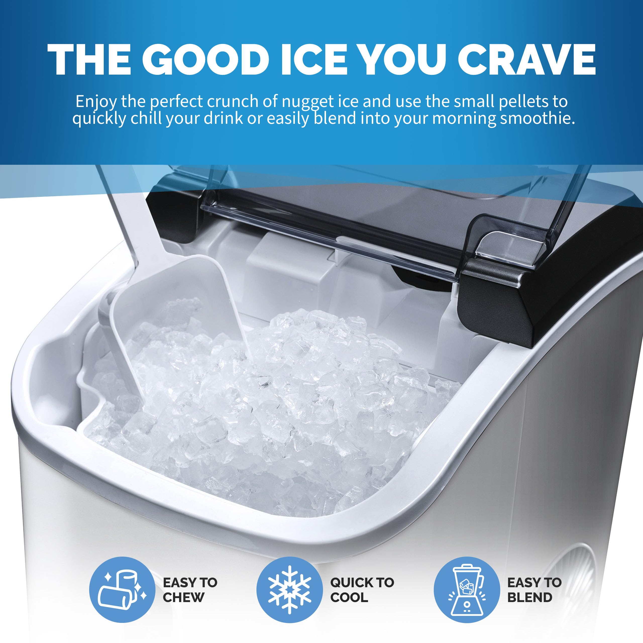 NewAir Nugget Countertop Ice Maker Machine - 26 lbs. Sonic Ice Maker with Self-Cleaning Function & Refillable Water Tank | Stainless Steel Portable Ice Machine for Home, Office, Kitchen, Coffee Bar, Parties & Outdoor Use