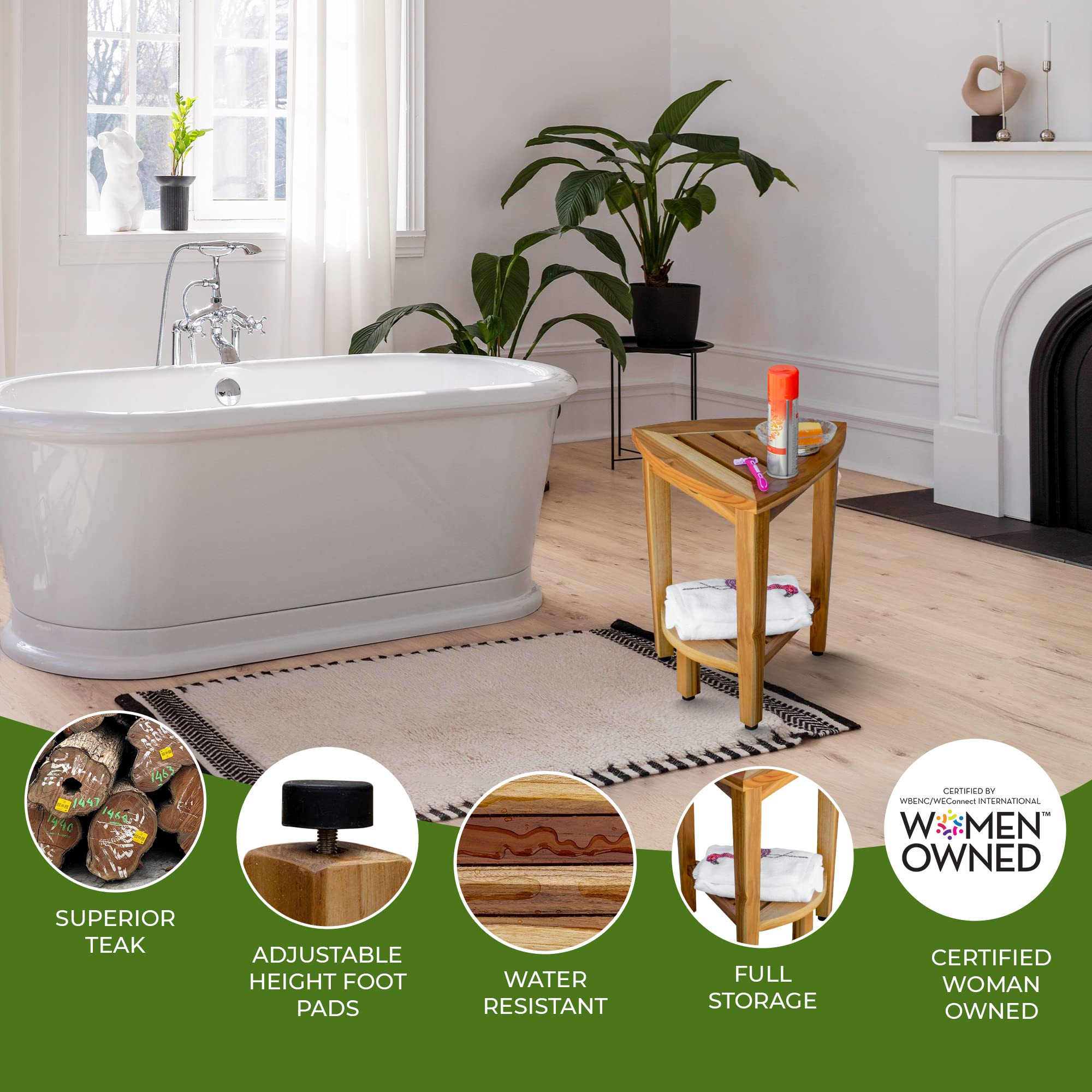 EcoDecors Waterproof Teak Wood Shower Bench - Non-Slip Bath Seat Stool with Storage for Bathroom Safety & Organization - Perfect for Elderly, Disabled & Spa Showers