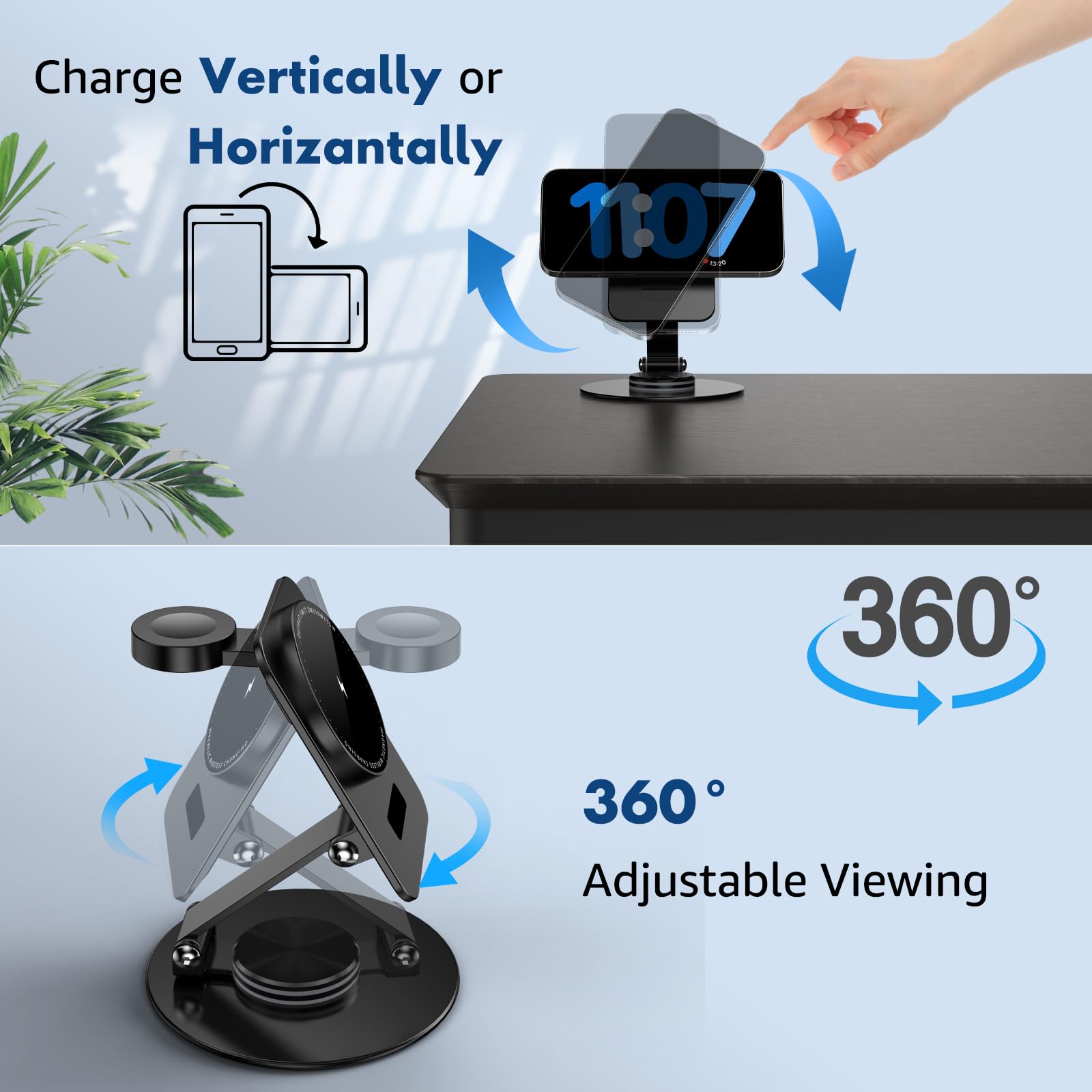 2-in-1 Foldable MagSafe Wireless Charging Station for iPhone 15 Pro/14/13/12 & Apple Watch 9/8/7/6/SE/5/4/3/2 - Fast Charging Stand with AirPods Holder (Black) | Perfect for Bedside, Office & Travel Use