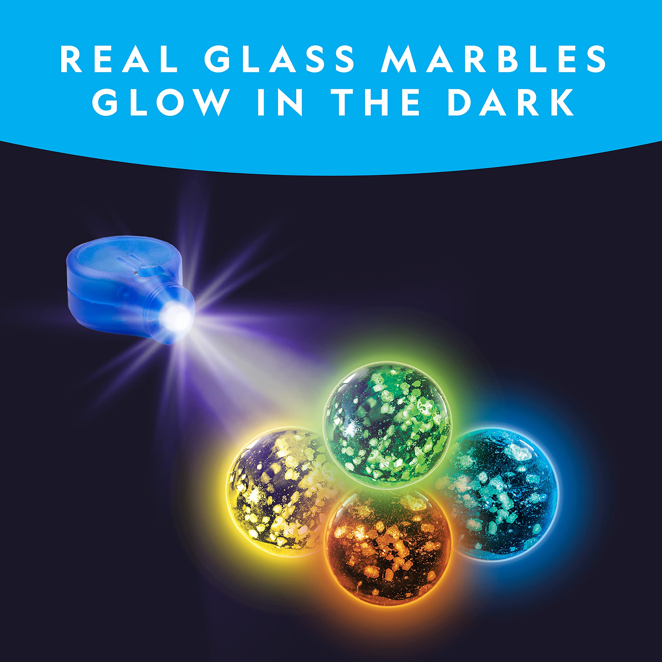 NATIONAL GEOGRAPHIC Glow in The Dark Marbles Refill Pack - 25 Glowing Glass Marbles with Storage Pouch & UV Light | STEM Educational Toys for Kids | Perfect for Marble Runs, Building Sets & Science Experiments | Fun for Night Play & Learning Activities