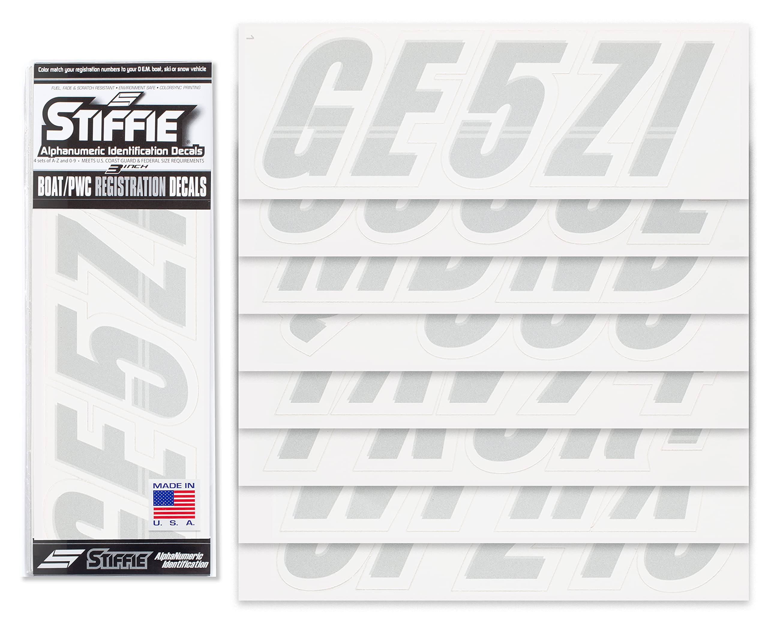 STIFFIE Techtron Metallic Silver/White 3 Inch Boat Registration Numbers & Letters Stickers - Waterproof Decals for PWC, Jet Ski, Kayak, Canoe and Marine Vessels - Perfect for Boat Registration, Watercraft Identification and Compliance