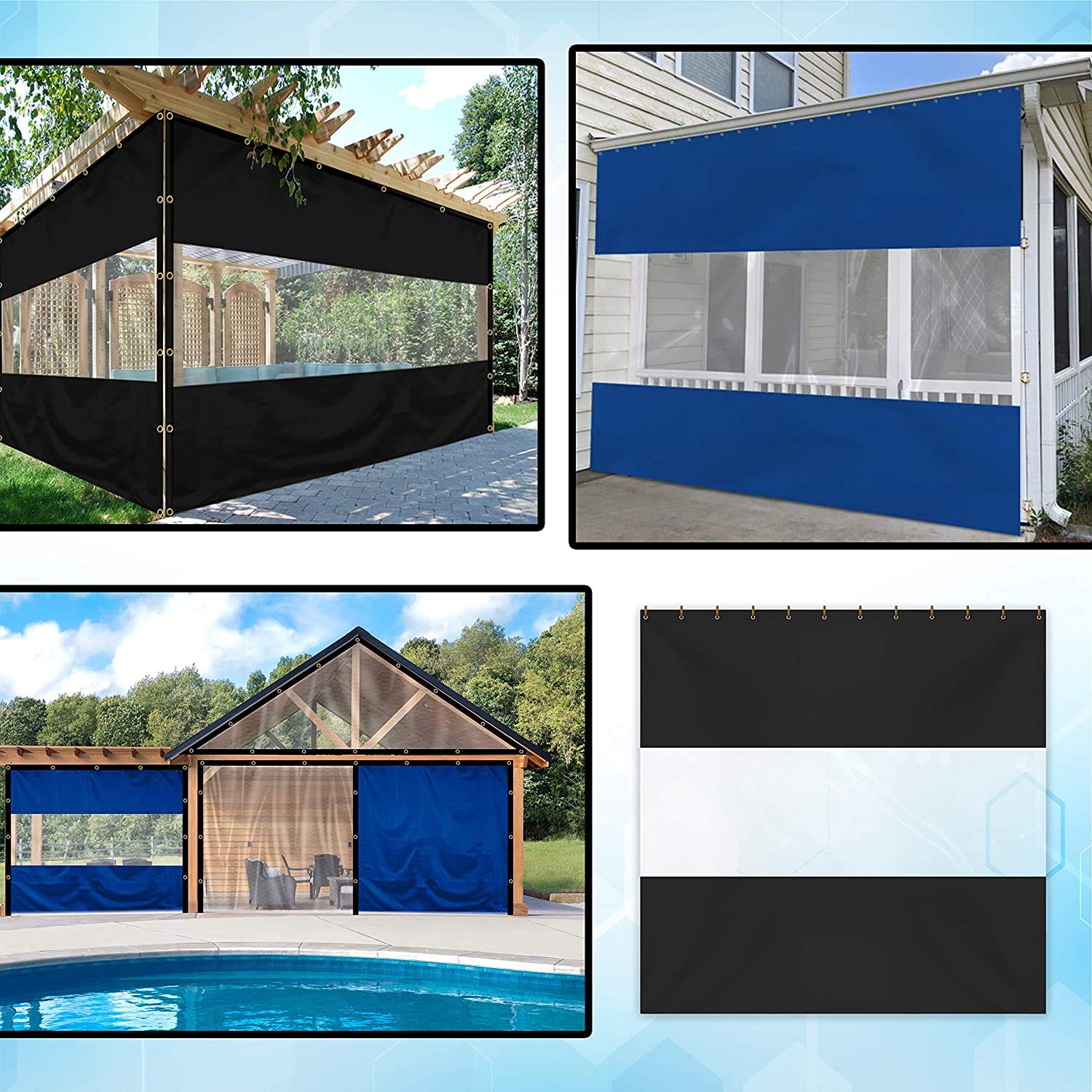 12 oz Vinyl Outdoor Clear Panel Curtains for Patio - Waterproof & Weather Resistant with Brass Grommets - Perfect for Pergola, Porch, Gazebo, Balcony (13'H x 10'W, Black) - Ideal for Sun Protection, Privacy & Outdoor Entertaining