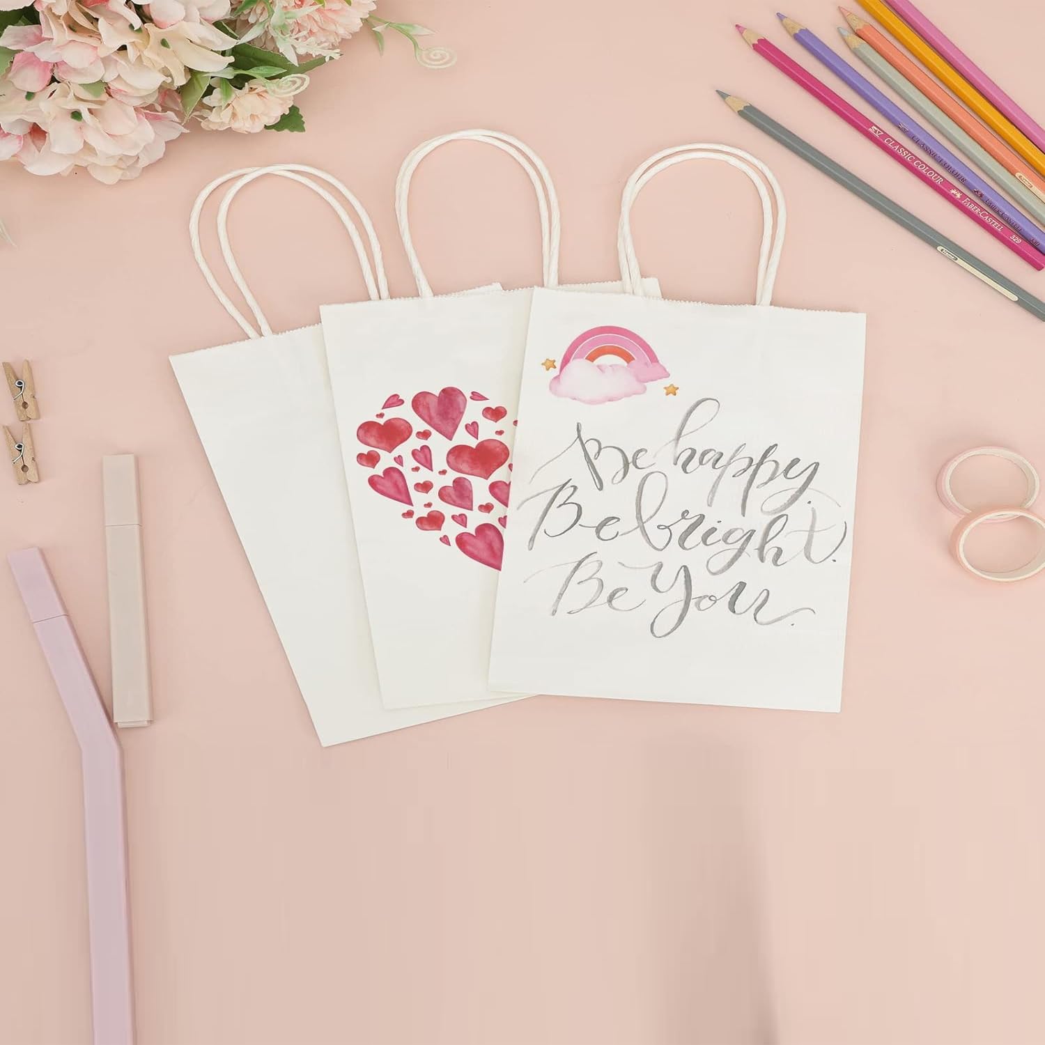 Premium White Kraft Paper Gift Bags with Handles - 7x3.5x8.5 Inch Small Party Favor Bags (Pack of 10) - Bulk Wedding, Birthday, Retail Shopping & Merchandise Bags for Eco-Friendly Packaging & Event Decorations