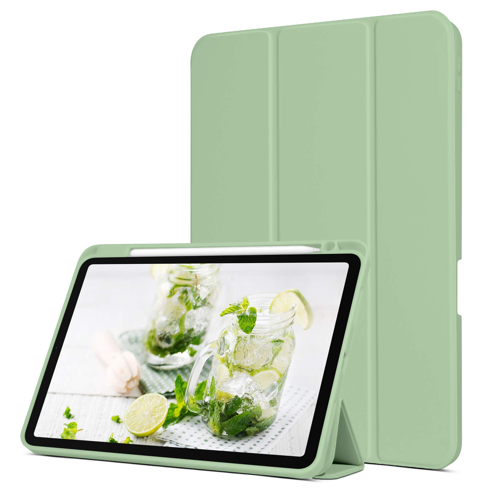 Premium Slim Trifold Protective Case with Pencil Holder & Stand for iPad Air 5/4 (10.9 inch 2022/2020) - Soft TPU Back Smart Cover - Matcha Green - Perfect for Work, Study & Travel