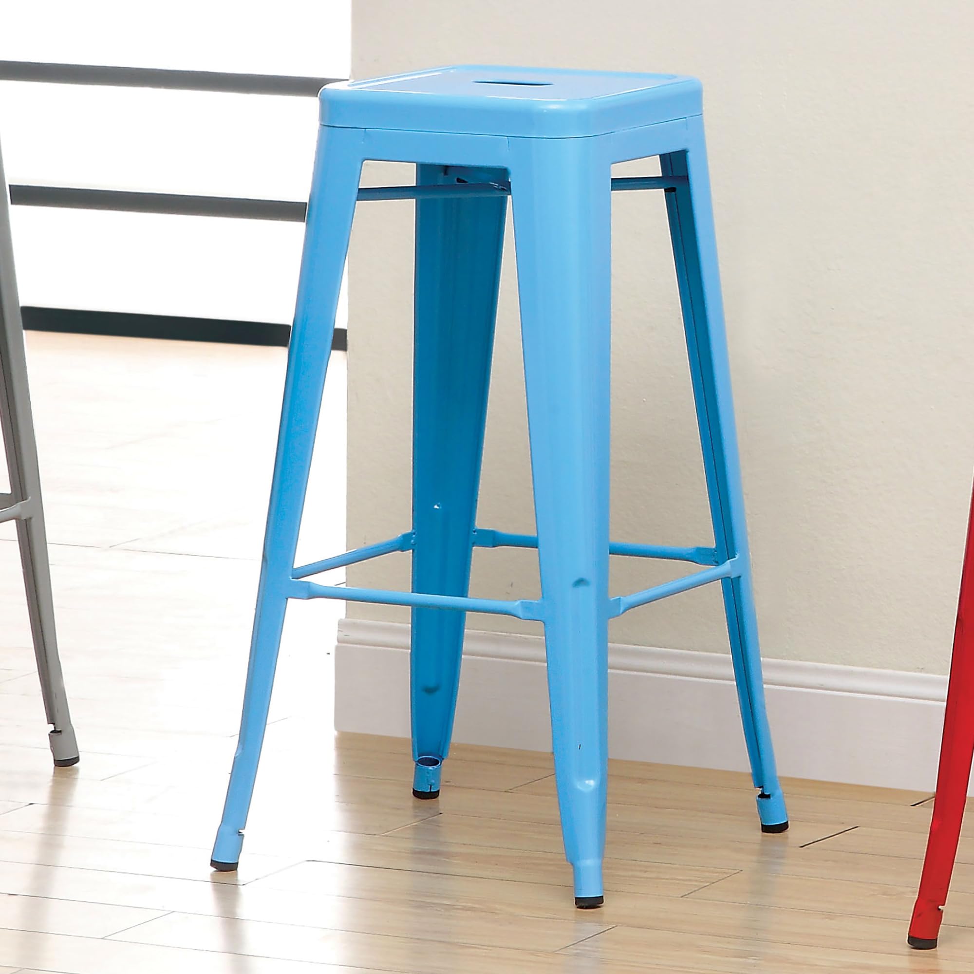 Karthe Modern Steel Stool Set of 2 - Blue Bar Stools for Kitchen Island, Counter Height & Industrial Style Home Decor - Durable Metal Stools with Comfortable Seat