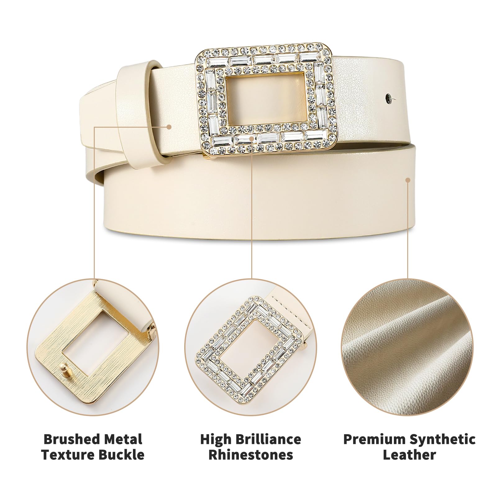 Women's White Leather Belt with Crystal Buckle - Elegant Fashion Accessory for Jeans, Dresses & Office Wear | Perfect for Casual, Formal & Special Occasions