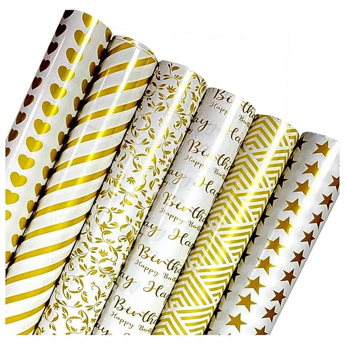 AccuPrints 6-Pack Premium Gift Wrapping Paper Rolls - Gold Theme Design for Birthday, Christmas & Holiday Presents - High-Quality Gift Wrap Sheets for Party, Wedding & Special Occasion Packaging