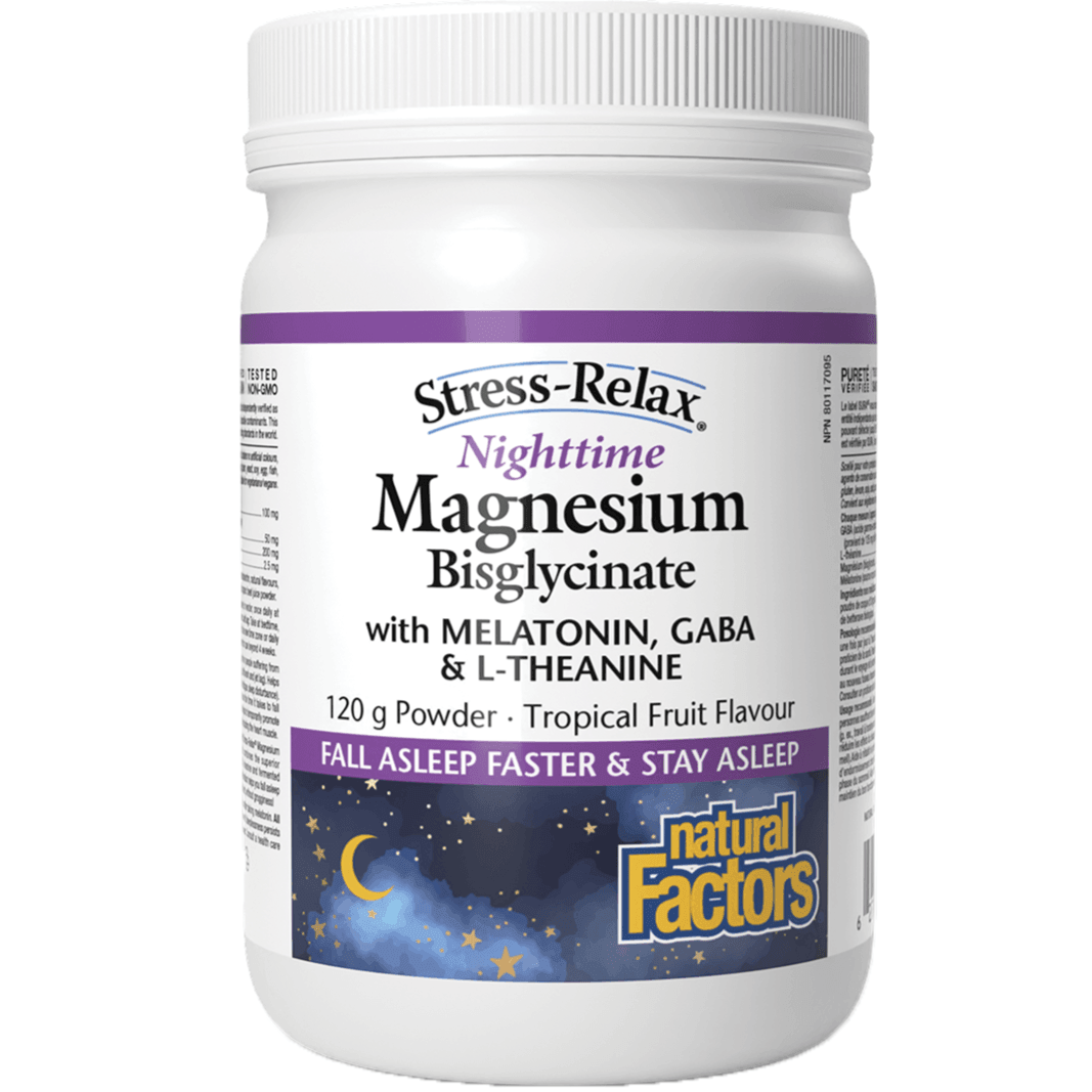 Natural Factors Magnesium Bisglycinate Supplement for Better Sleep - 120g Tropical Fruit Flavor | Supports Relaxation & Muscle Recovery | Ideal for Nighttime Use & Stress Relief