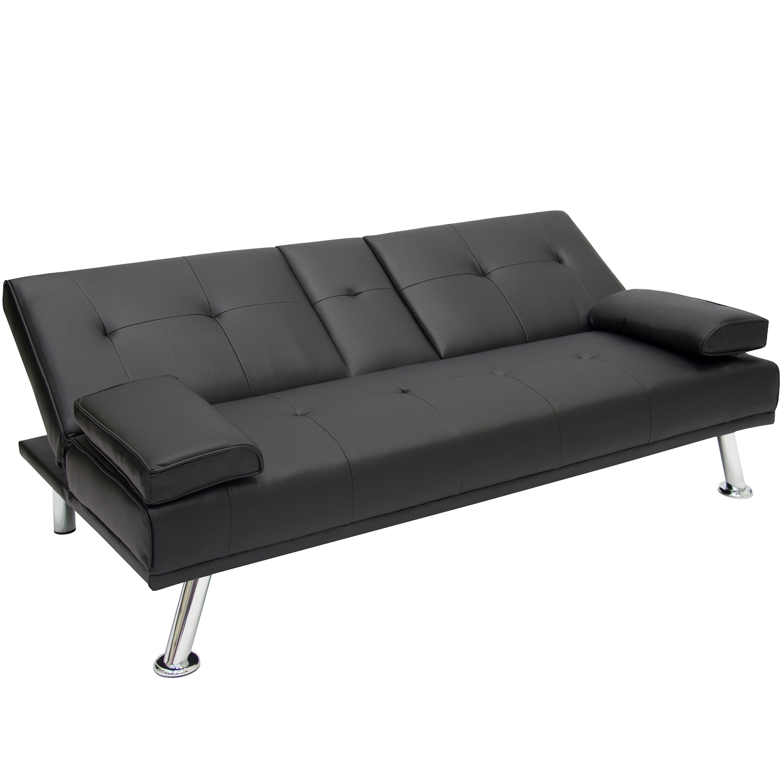 Modern Black Convertible Futon Sofa Bed - Foldable Recliner with Armrests & Cup Holders | Sleeper Couch for Living Room, Guest Room & Small Spaces | Includes Free Expert Setup Guide | Perfect for Apartments, Dorms & Home Theater Seating