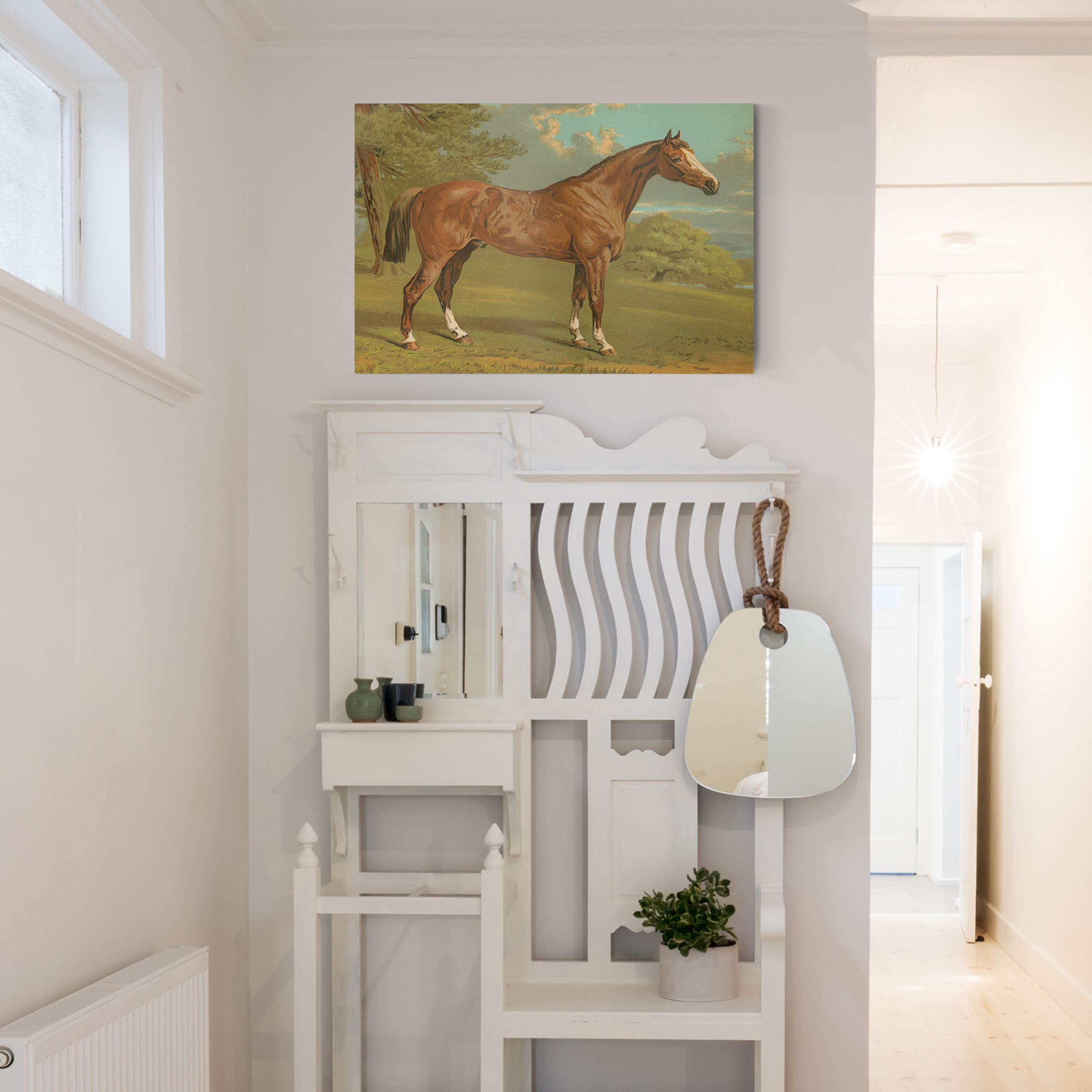 Premium Gallery Wrapped Canvas Wall Art - Handsome Brown Horse in Green Grass & Blue Sky | 32x48 Inches | Ready to Hang | Made in USA | Perfect for Living Room, Bedroom & Office Decor