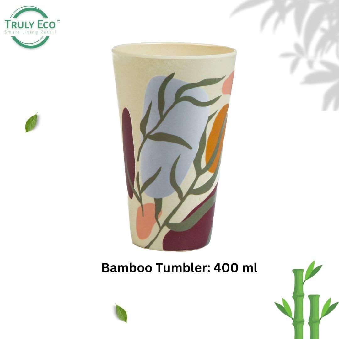 Truly Eco 100% Natural 400ml Bamboo Tumbler with Green Floral Design - Reusable Coffee Tea Smoothie & Water Cup - Dishwasher Safe, Break-Resistant, Food Grade Stainless Steel - Perfect for Office, Travel, Gym, and Outdoor Activities (Set of 2)