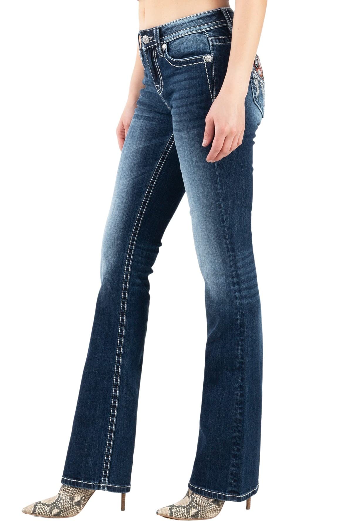 Miss Me Women's Mid Rise Bandana Dream Catcher Bootcut Jeans - Stylish Western Denim Pants for Casual Wear & Country Outfits