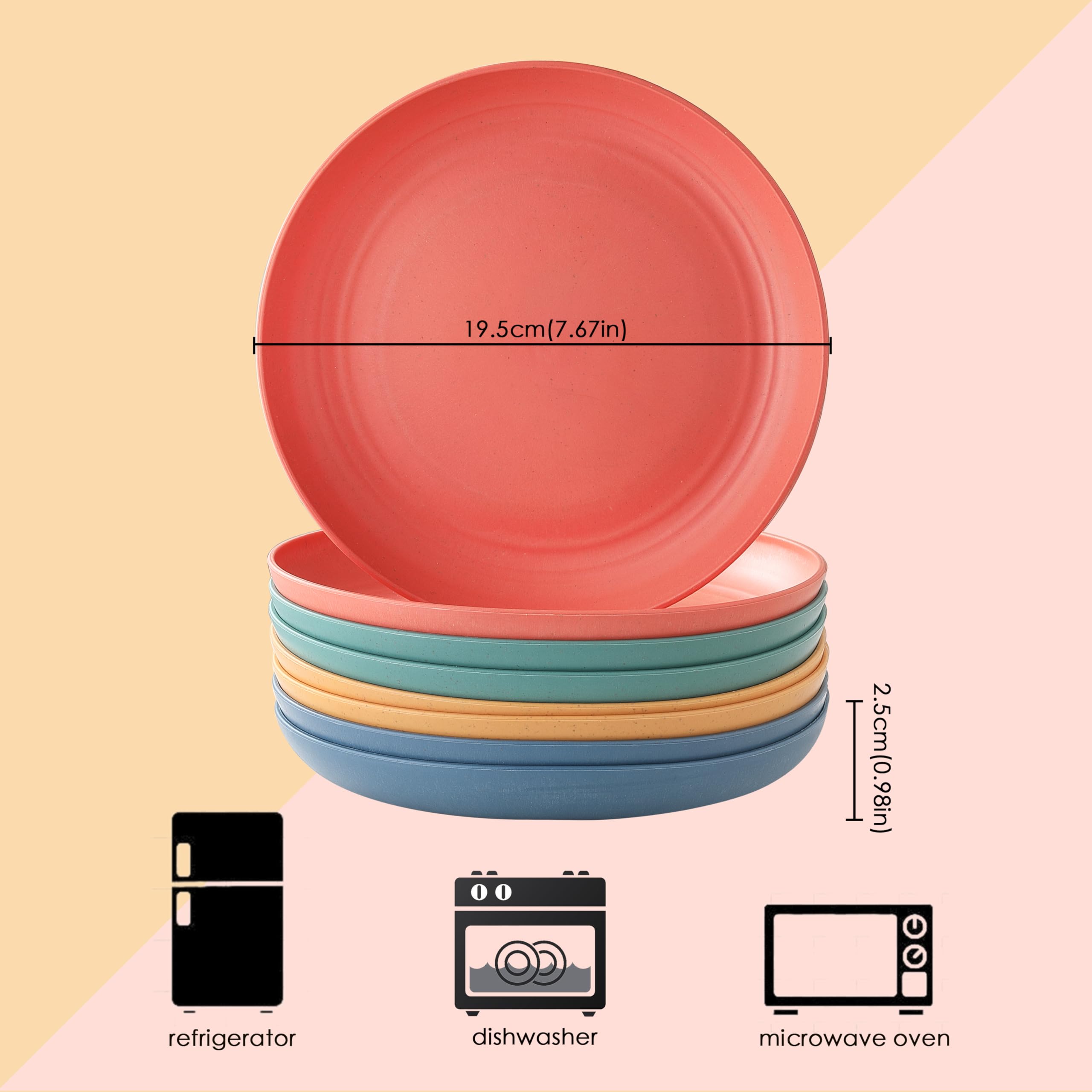 8-Piece Wheat Straw Dinner Plates Set - 7.7 Inch Unbreakable Melamine Plates, Eco-Friendly & Reusable, Dishwasher & Microwave Safe (4 Colors) - Perfect for Kitchen, Picnics, Camping & Outdoor Dining