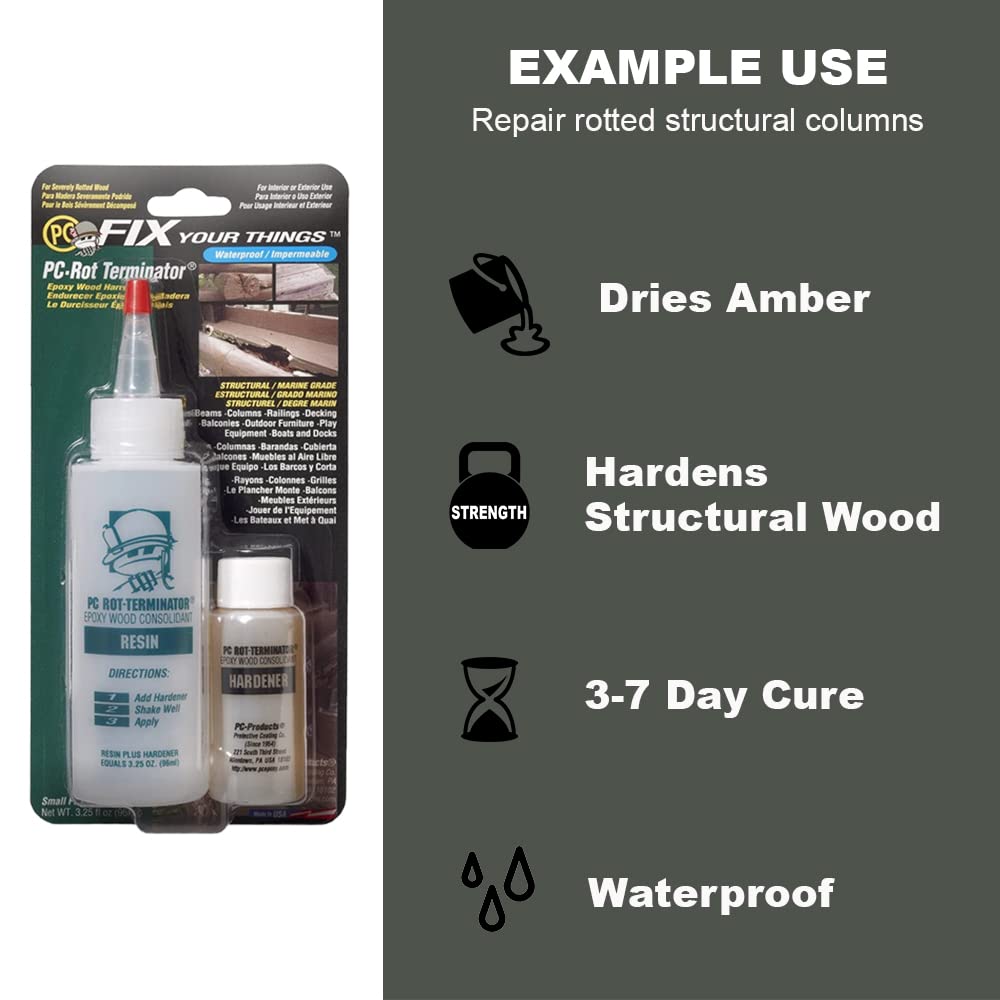 PC Products PC-Rot Terminator Epoxy Wood Hardener - 1.5 Gallon Two-Part Kit (Amber) for Wood Repair & Restoration - Ideal for Decks, Fences, Beams and Outdoor Wood Structures