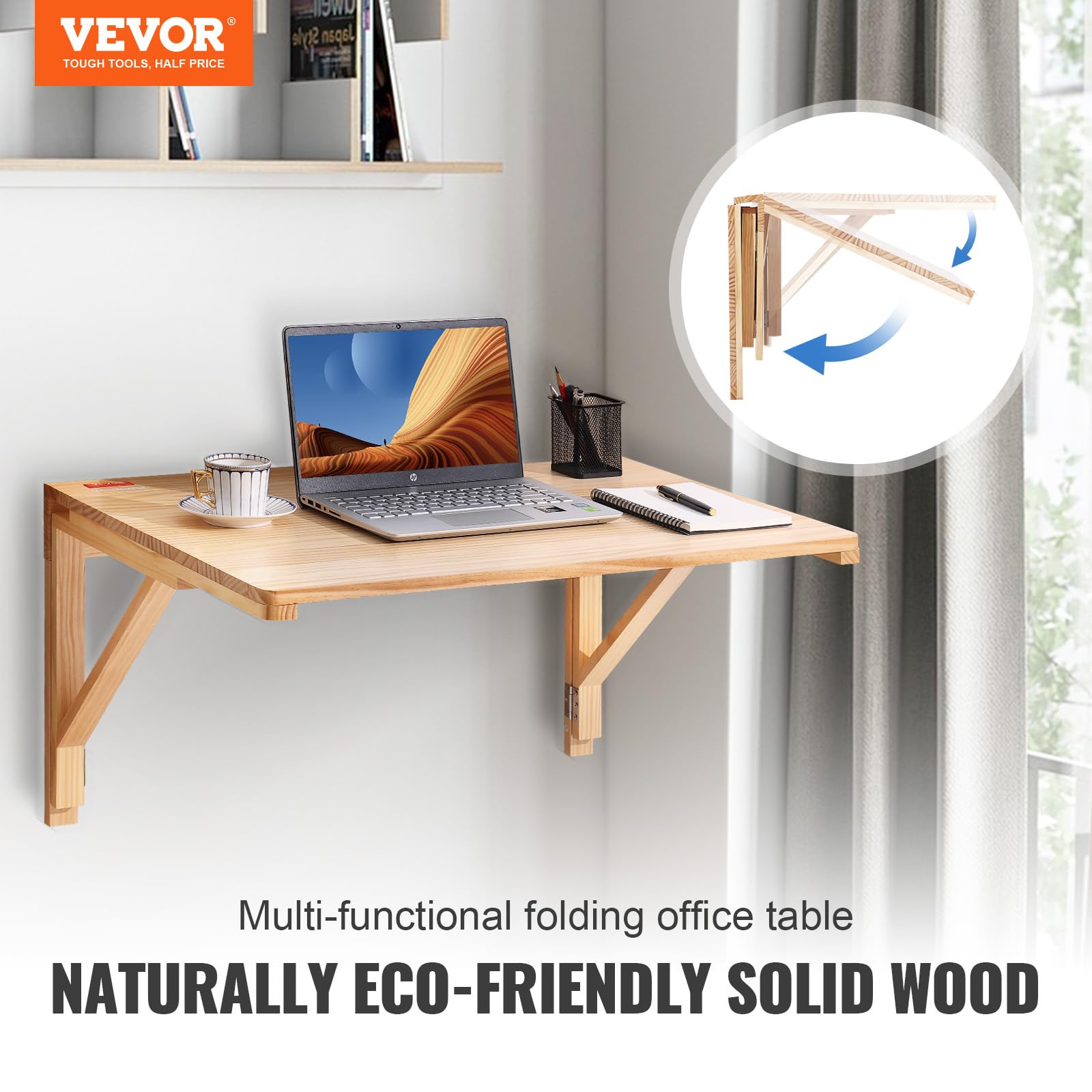 VEVOR Wall Mounted Folding Table - Solid Wood Drop Leaf Floating Desk for Small Spaces (31.5