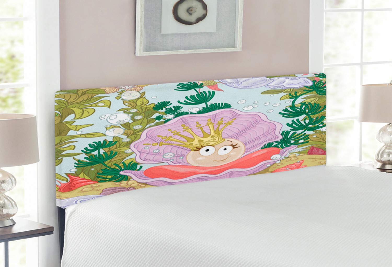 Ambesonne Pearls Headboard - Cartoon Pearl in Clam Crown Tiara Reef Print, Upholstered Decorative Metal Bed Headboard with Memory Foam, Full Size, Multicolor - Perfect for Girls' Bedroom, Princess Theme Decor & Coastal Style Home