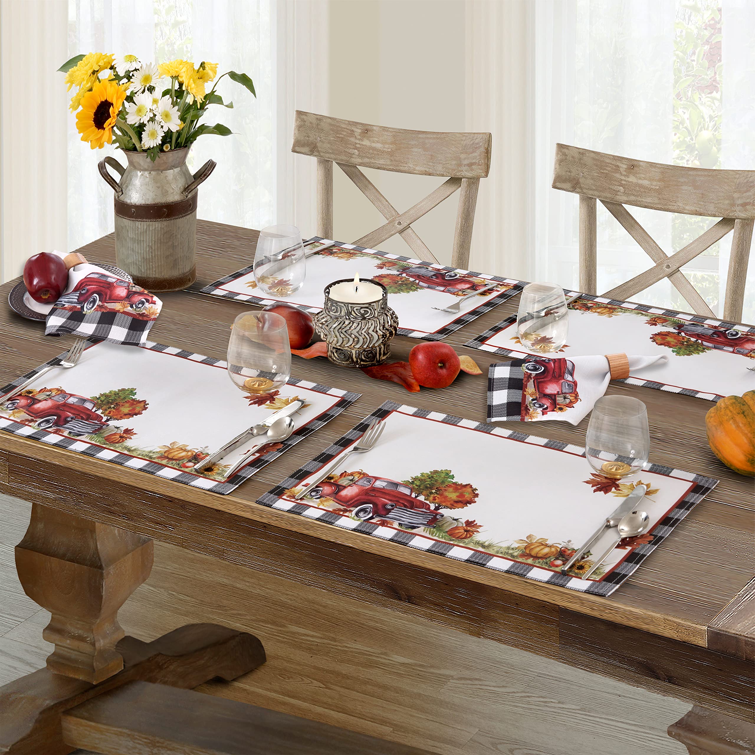 Newbridge Thanksgiving Autumn Farm Truck Gingham Bordered Fabric Placemats - Set of 4 Fall Pumpkin Harvest Barn Print Table Mats - Washable & Durable for Holiday Dinner, Banquet & Home Decor