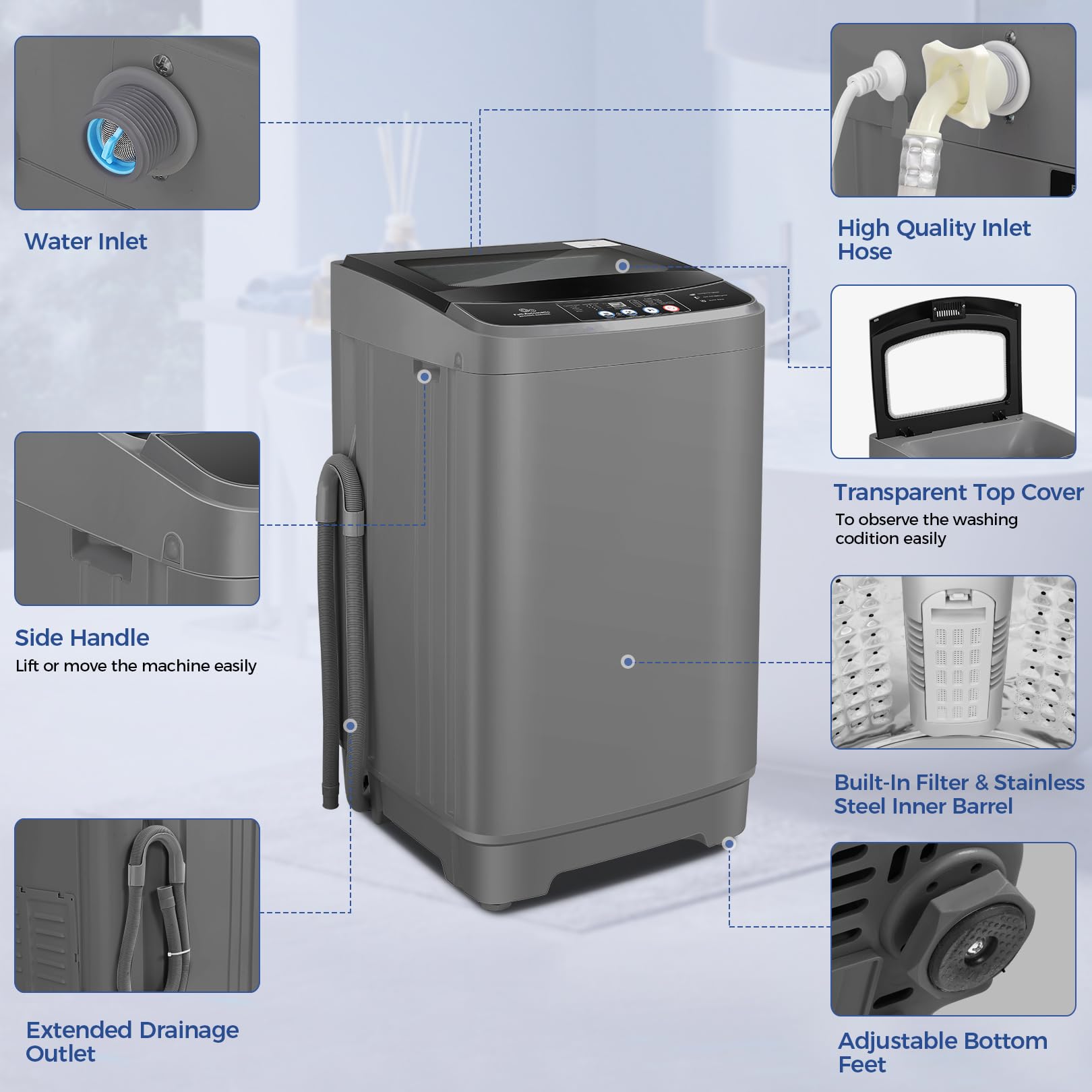 Nictemaw 20Lbs Full-Automatic Portable Washing Machine with Dryer Combo, 2.8Cu.ft Compact Washer - 10 Wash Programs & 8 Water Levels for Apartments, Dorms, RVs - Perfect for Small Spaces, Travel & Laundry on the Go - Glass Cover Included