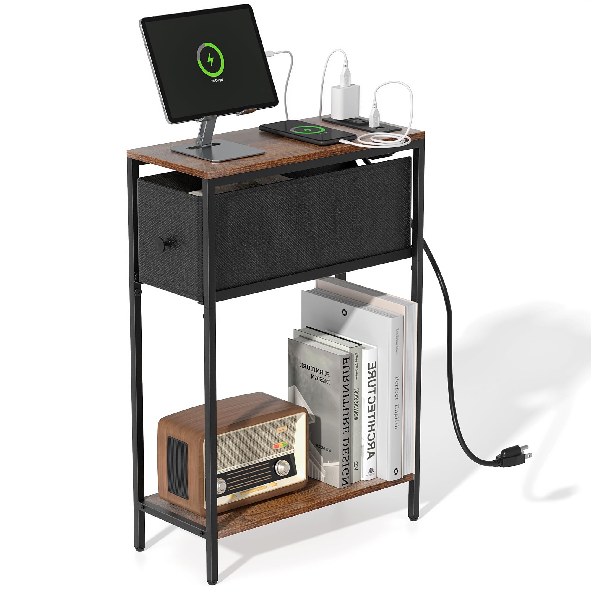 Allinside Narrow Side Table - Slim End Table with Charging Station & Fabric Drawer for Small Spaces, Rustic Brown Nightstand with Storage | Perfect Bedside Table for Living Room, Bedroom, Dorm & Apartment | Space-Saving Furniture for Compact Areas
