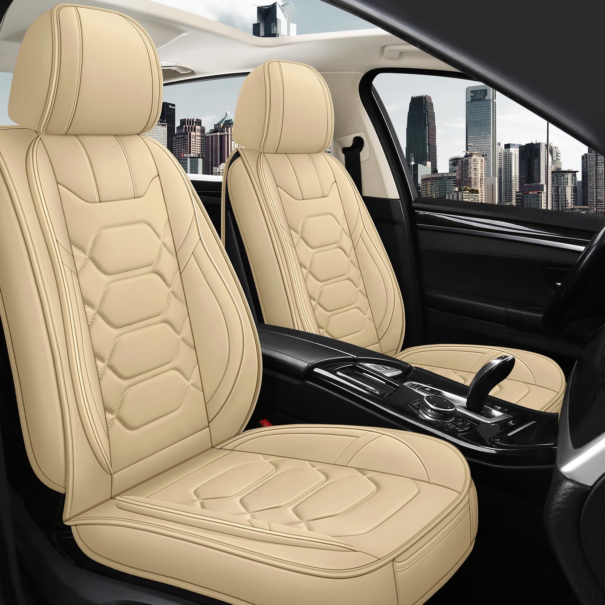 Premium Waterproof Faux Leather Car Seat Covers Front Pair - Breathable Non-Slip Universal Fit for Most Sedans, Trucks & SUVs | Perfect for Daily Commute, Road Trips & Family Travel (Beige)
