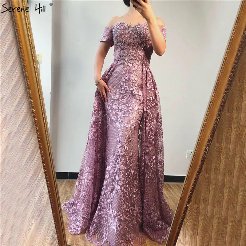 Elegant Pink Mermaid Evening Dress with Floral Lace & Crystal Details - Off Shoulder Short Sleeve Gown for Parties, Weddings & Special Occasions - Serene Hill LA70200