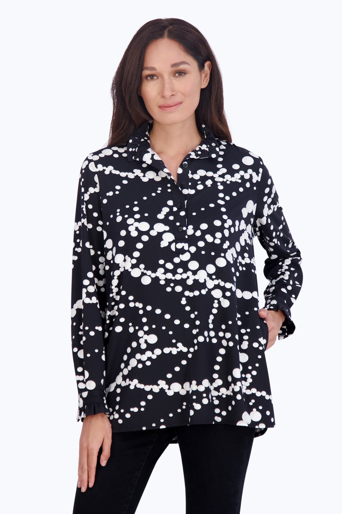 Mia Draped Pearls Jersey Long Sleeve Popover Shirt for Women - Elegant Casual Blouse for Work & Date Night | Perfect for Office, Dinner Parties & Special Occasions
