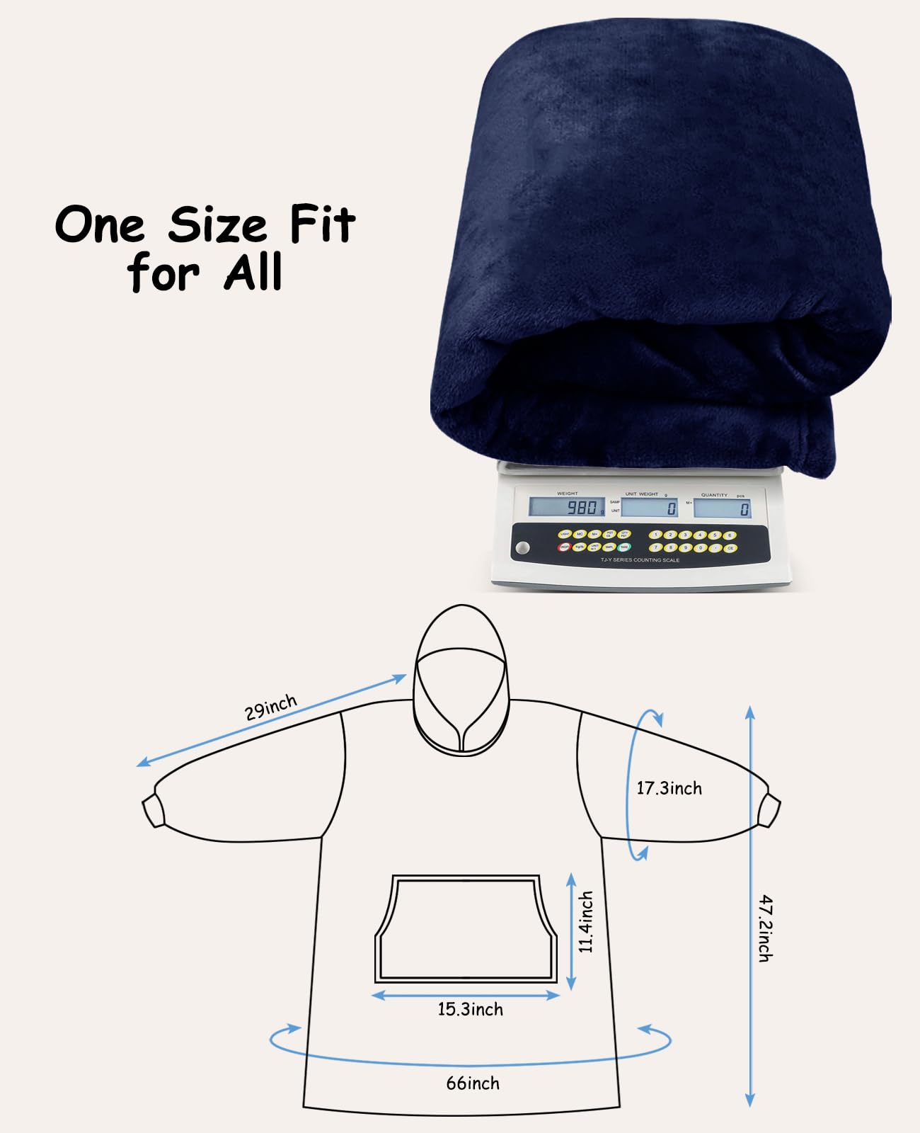 Sendowtek Wearable Blanket Hoodie for Women & Men - Soft Sherpa Fleece Long Hooded Blanket with Giant Pocket, One Size Fits Adults & Teens - Perfect for Lounging, Camping & Cold Weather (Navy Blue)